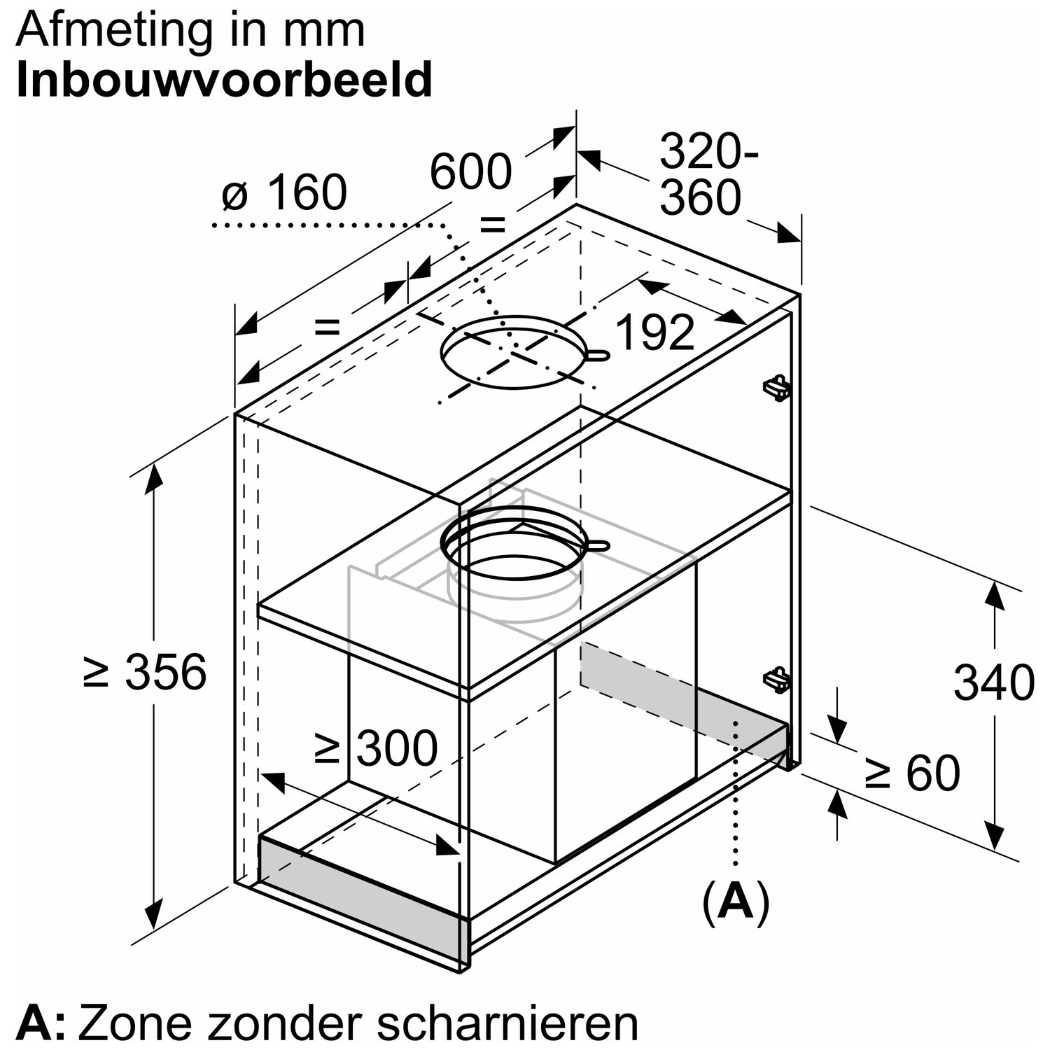 Installation drawing with dimensions for range hood. Ø 160, 600, 320-360, 192, ≥ 356, ≥ 300, 340, ≥ 60.