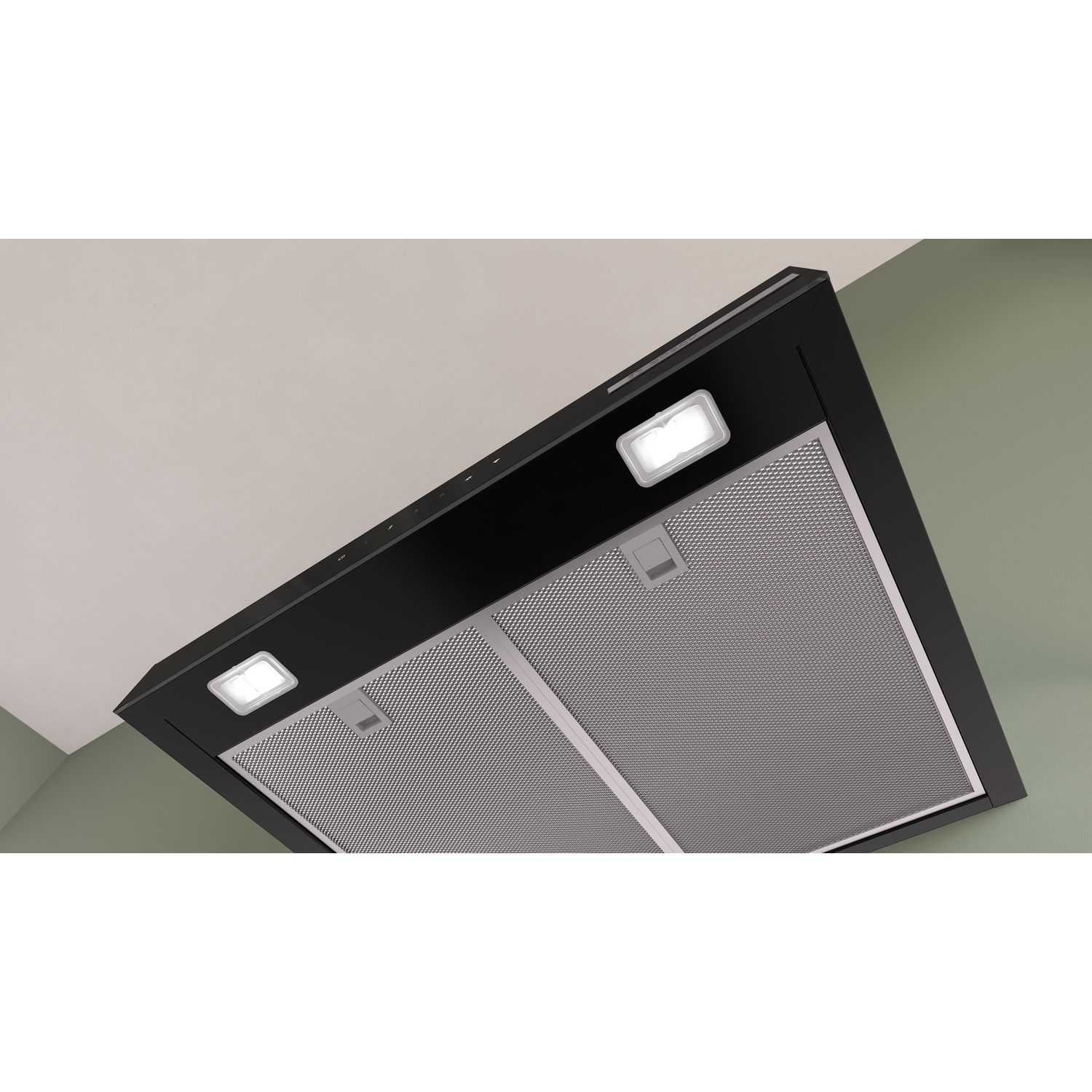 Black range hood with two lights and a metal filter.