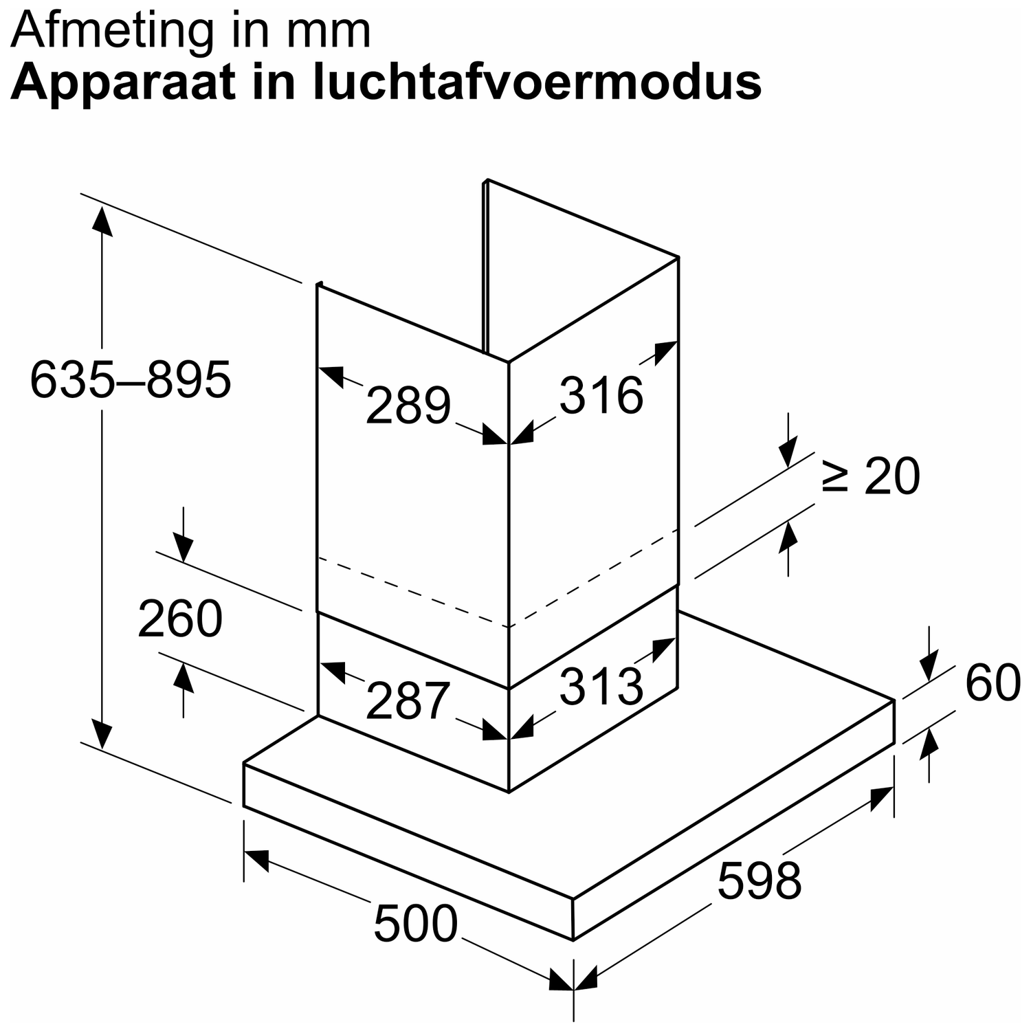 Technical drawing of a cooker hood with dimensions in mm.