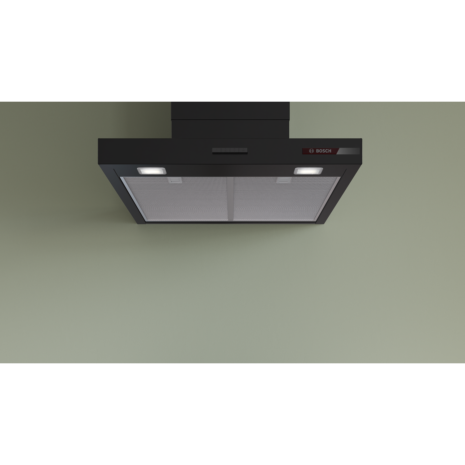 Black Bosch cooker hood with lights above a metallic filter.