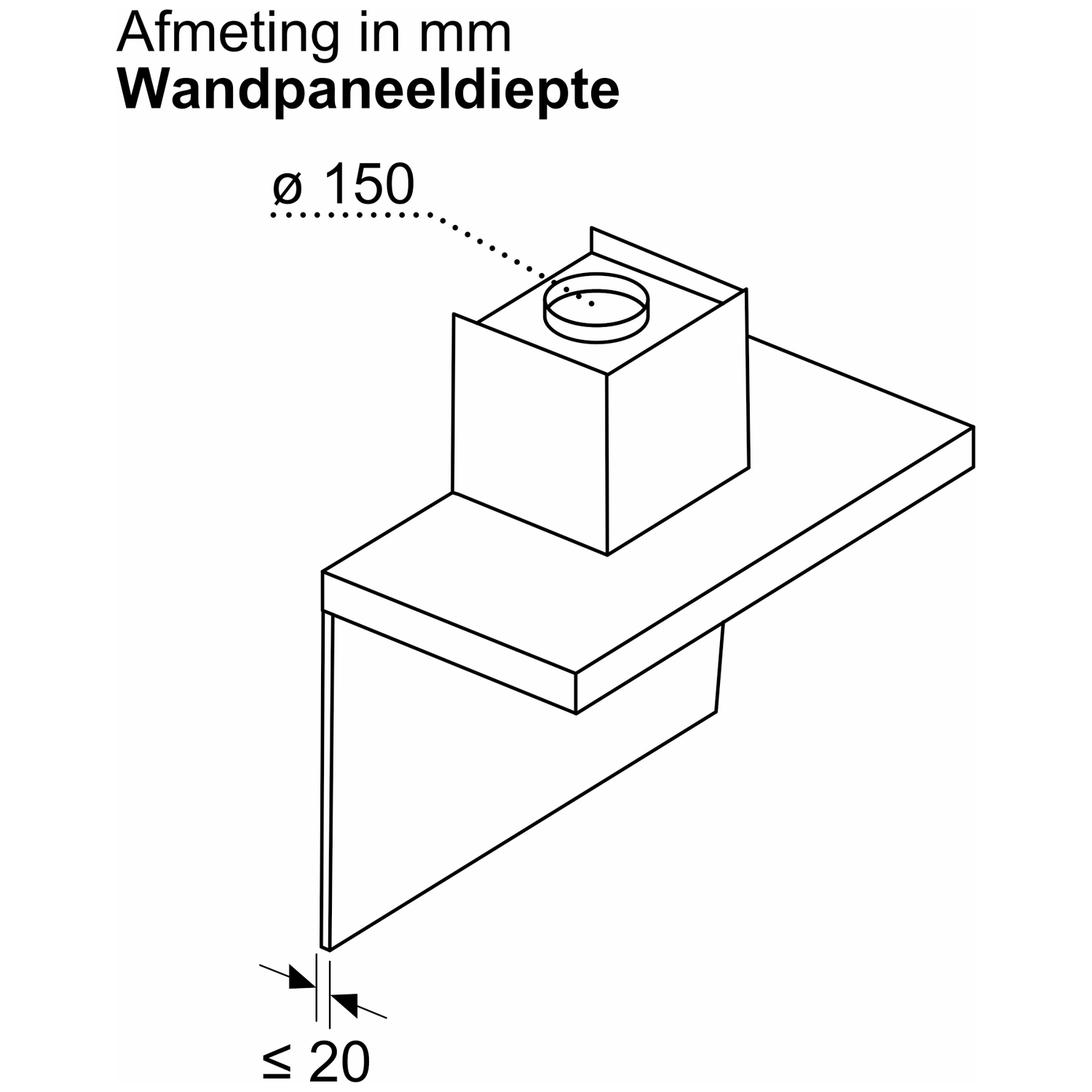 Technical drawing shows wall panel depth, 150mm diameter, maximum 20mm.