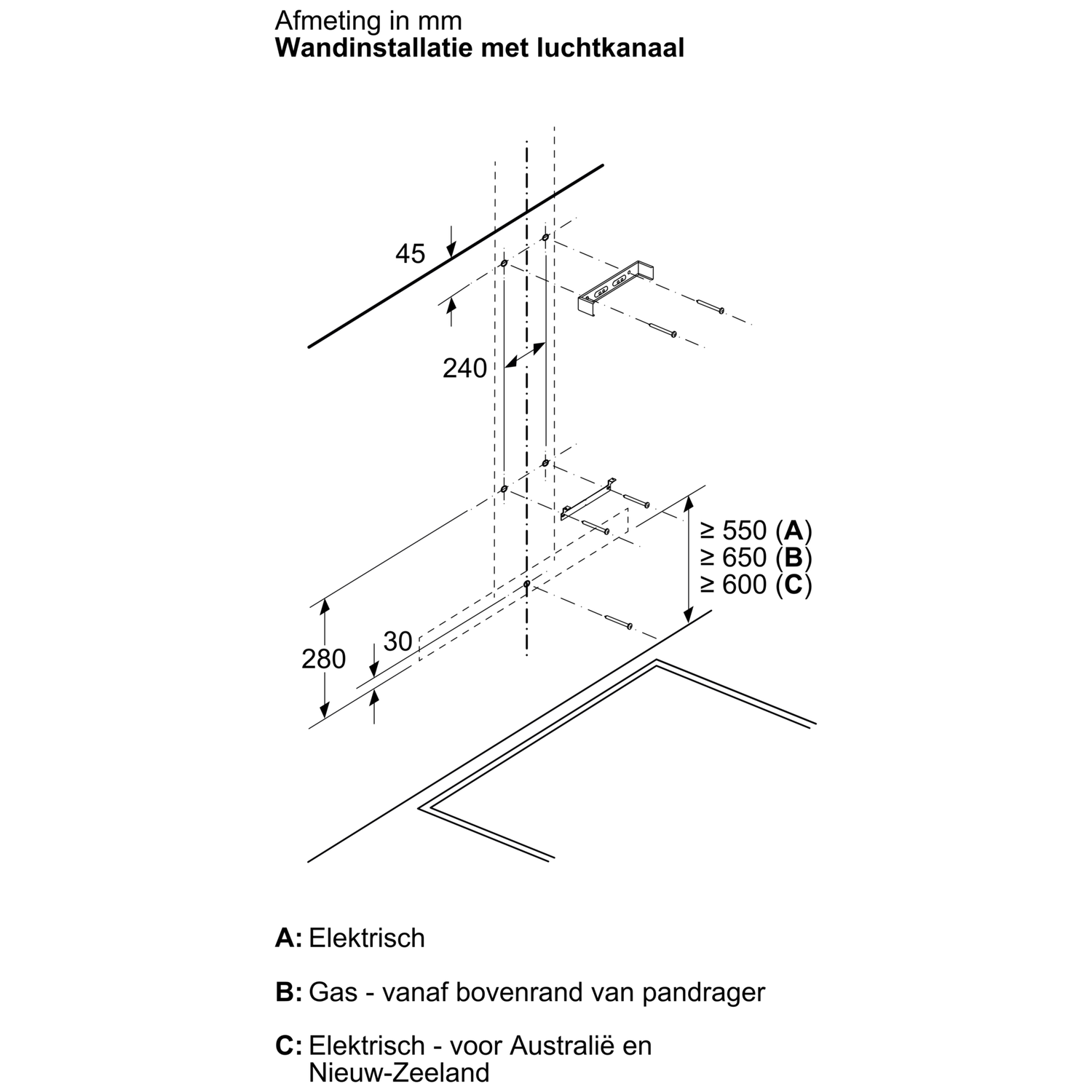 Technical drawing with measurements for wall mounting with air duct, sizes A, B, C.