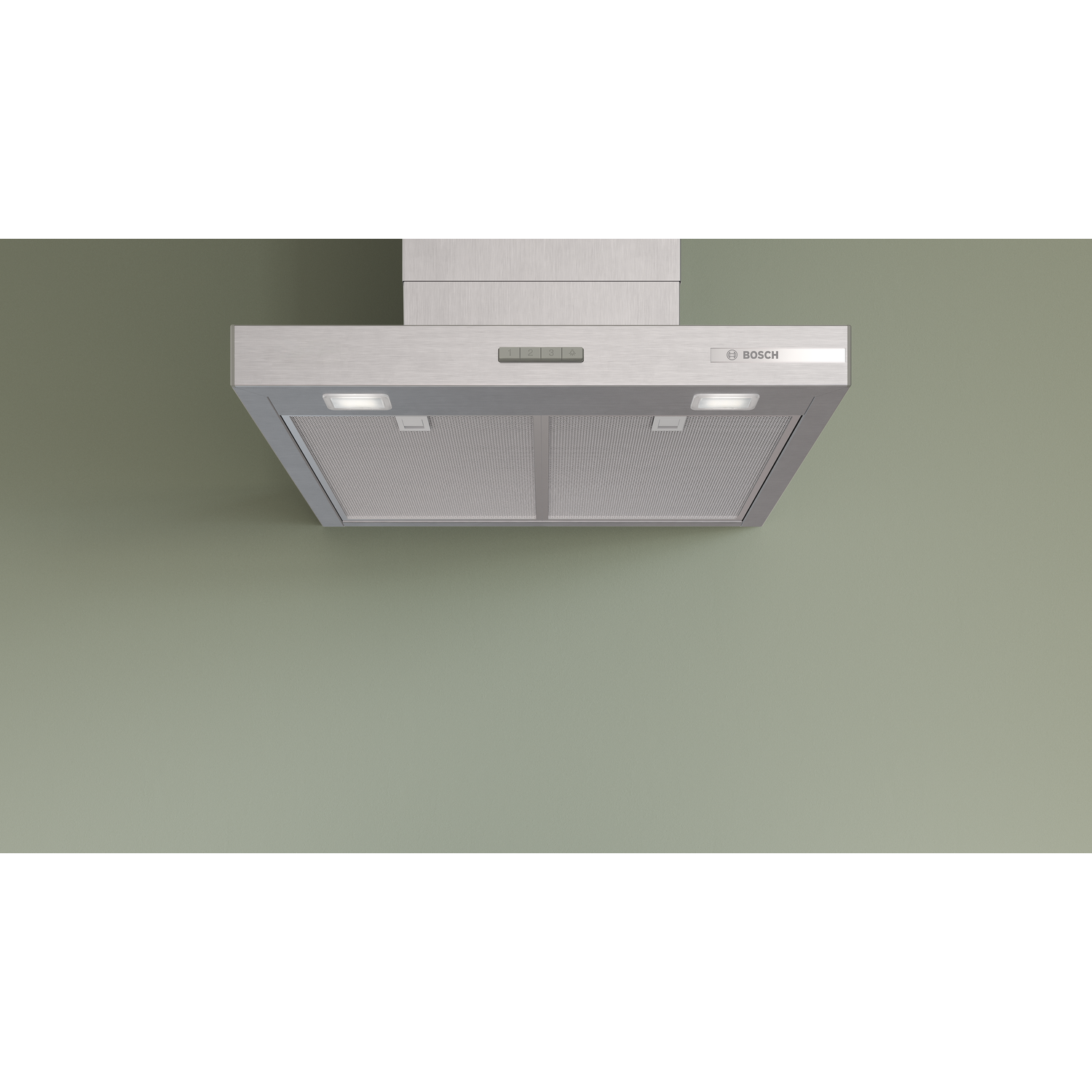 Bosch stainless steel range hood with lights and controls on a green wall.
