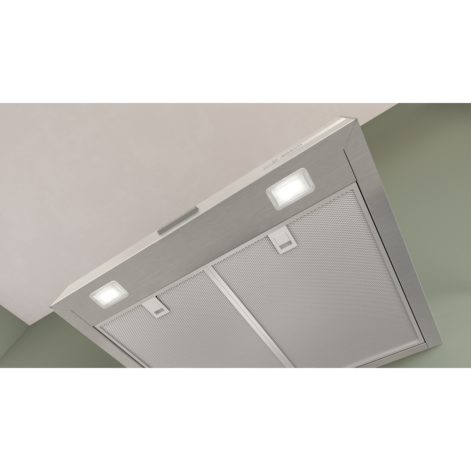 Stainless steel range hood with two lights and metal filters.