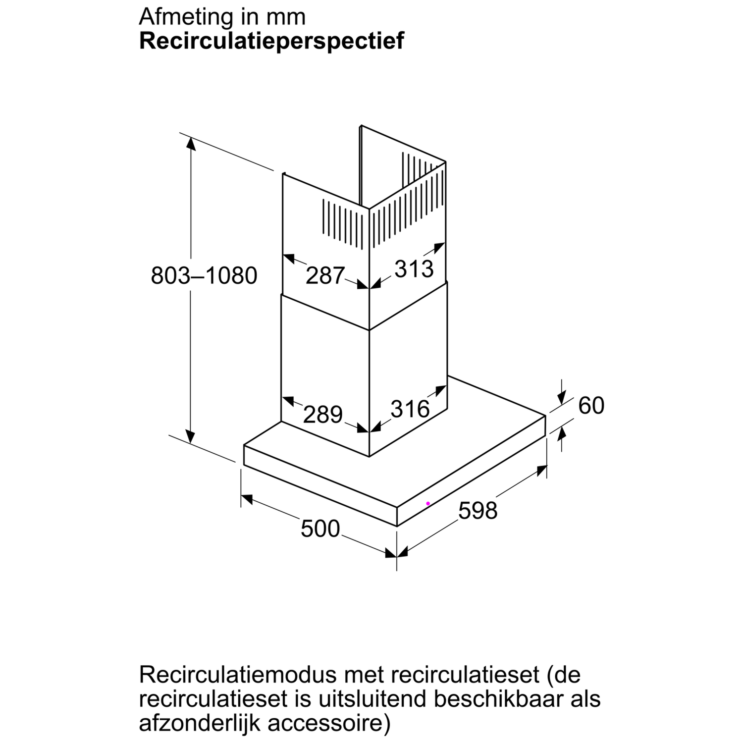 Technical drawing of a cooker hood with dimensions for recirculation mode.
