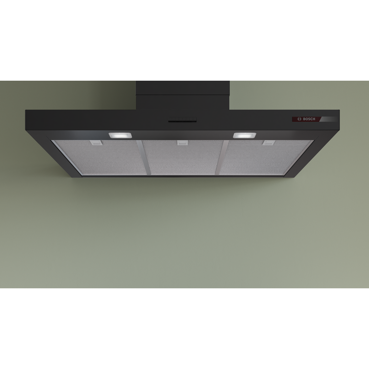 Black Bosch range hood with lights over metal filters.
