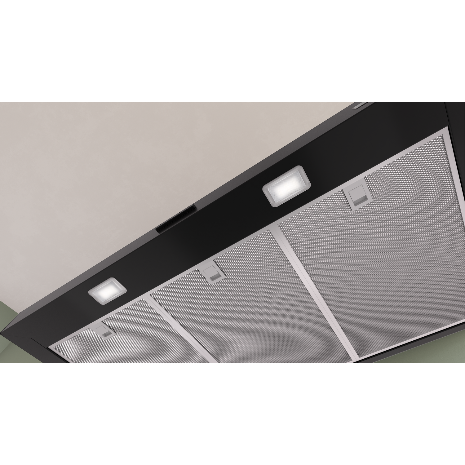 A black range hood with metal filters and lights.
