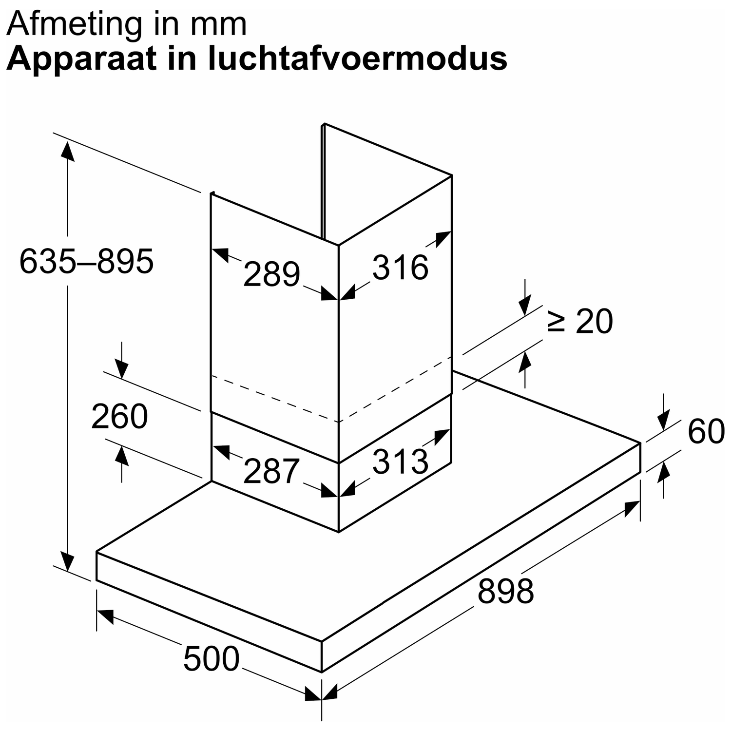 Technical drawing of a cooker hood with dimensions.