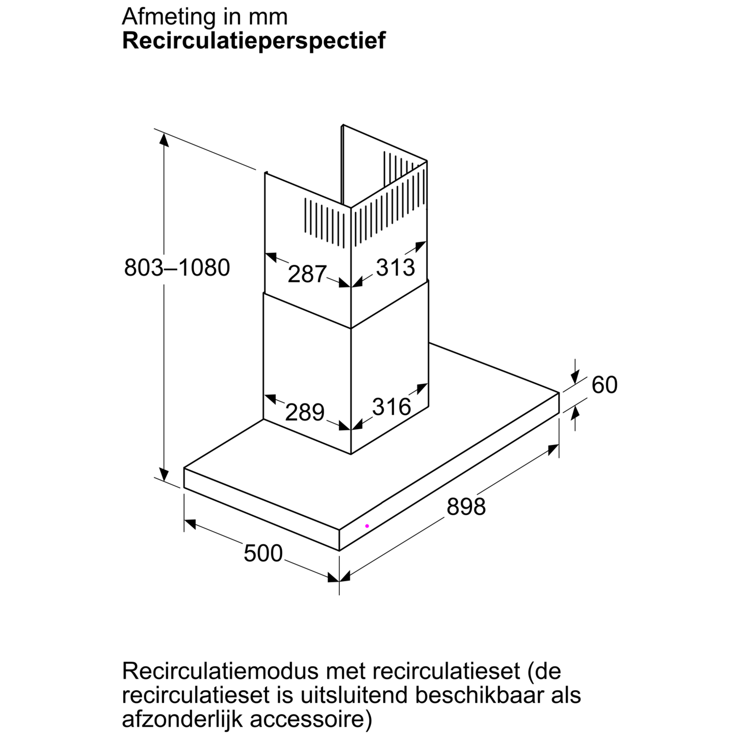 Technical drawing of a range hood with dimensions and labels.