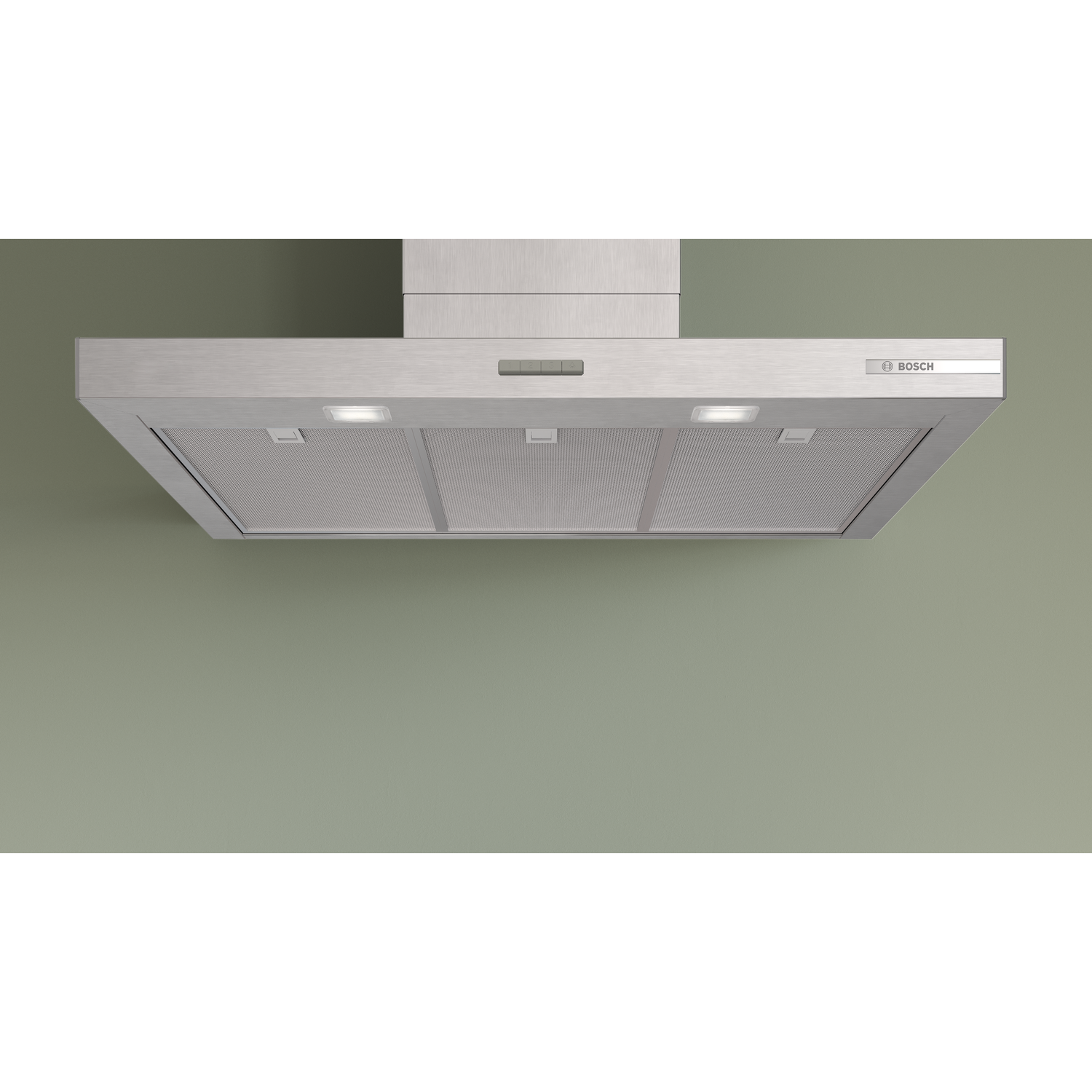 Stainless steel range hood with lights and Bosch logo.