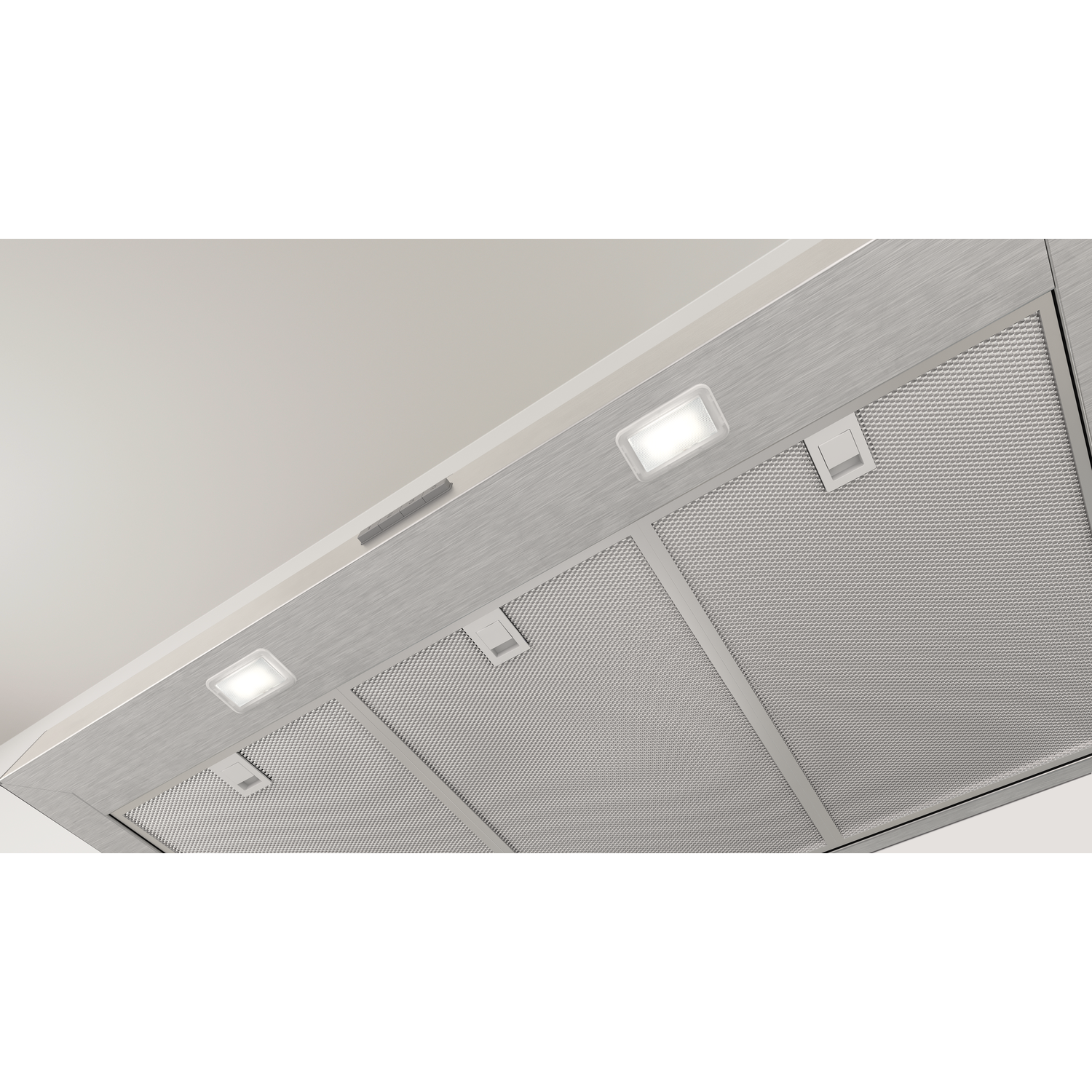 Brushed stainless steel range hood with lights and metal filters.