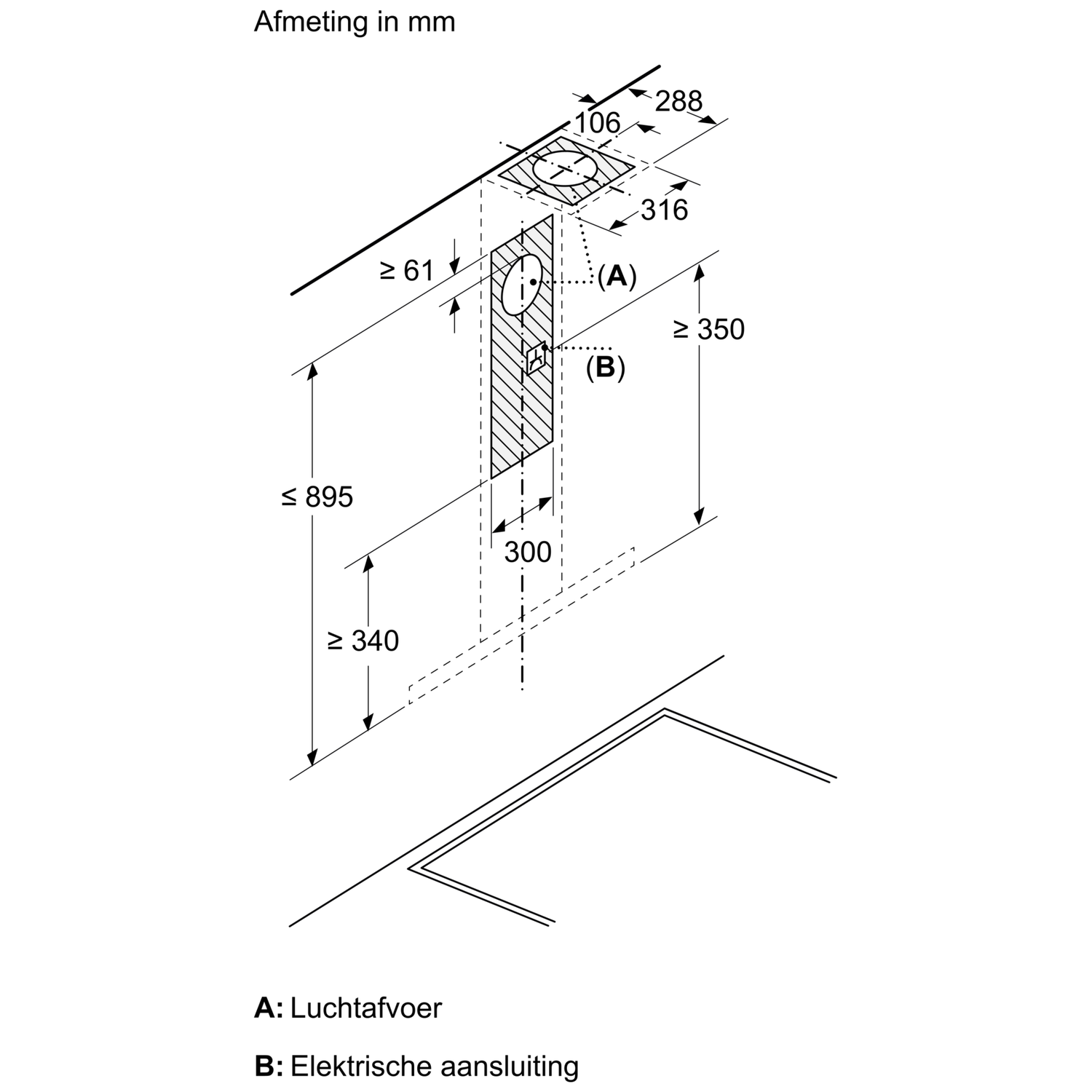 Technical drawing with dimensions for ventilation and electrical connections.