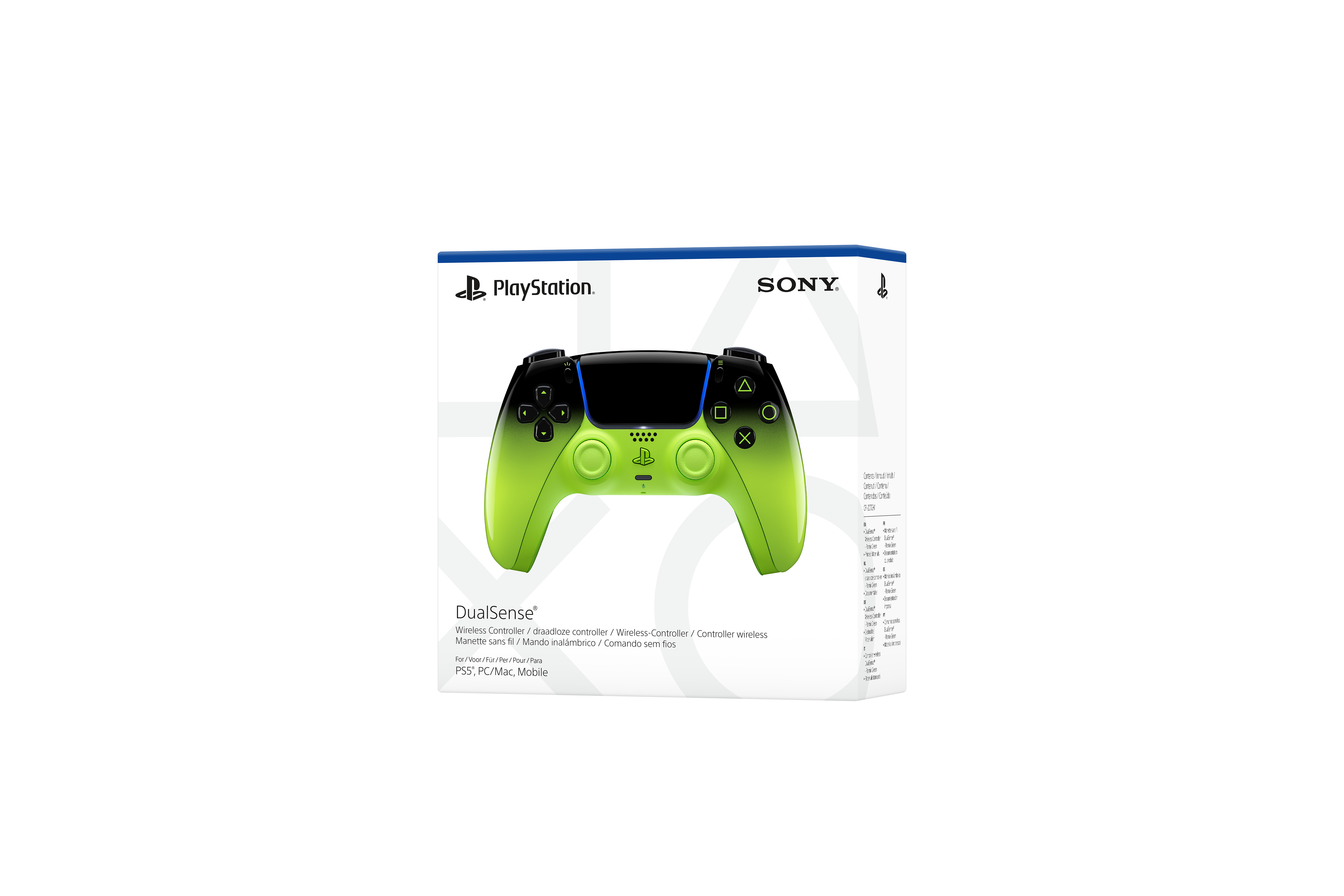 Ein grüner PlayStation DualSense Controller mit schwarzen Akzenten auf weißem Karton.