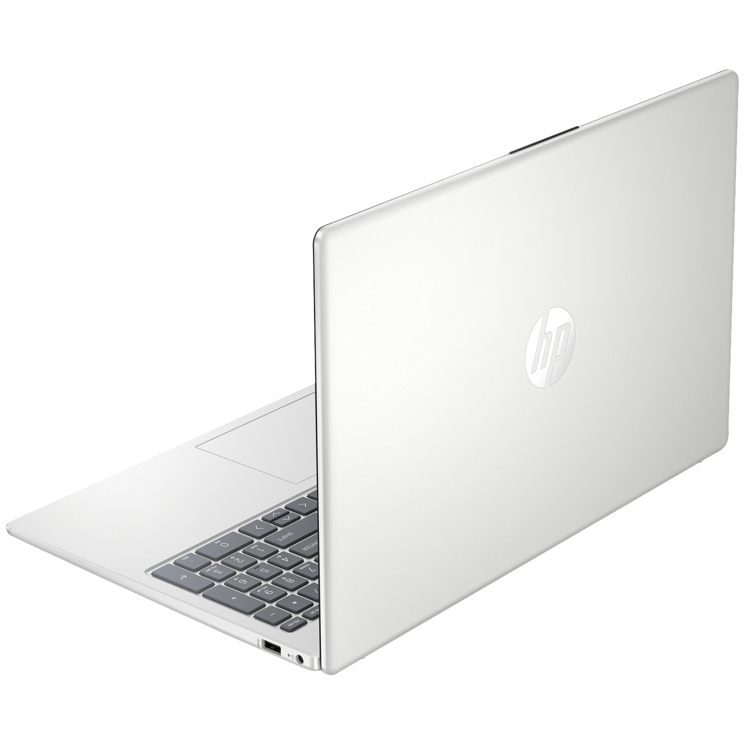 Een zilveren HP laptop, van achteren links gezien, met toetsenbord en touchpad.