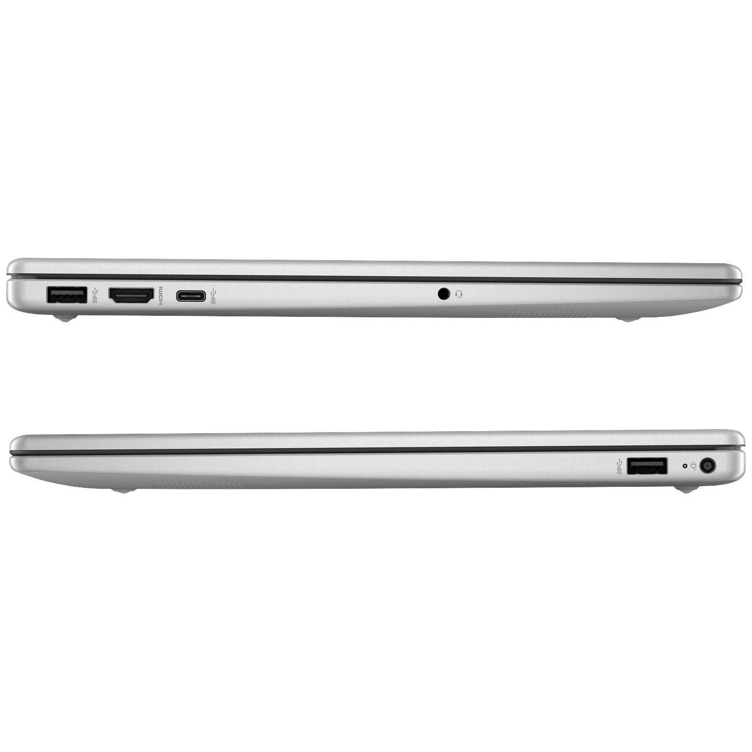 Zijde van zilveren laptop met USB-, HDMI-, USB-C-poorten en koptelefoonaansluiting.