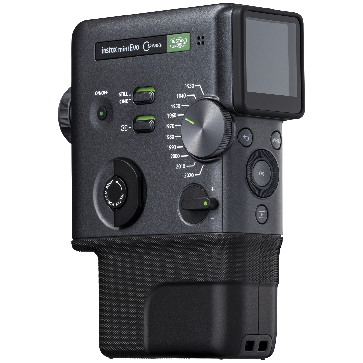 Een zwarte Instax Mini Evo Cinema camera met draaiknoppen en een scherm.