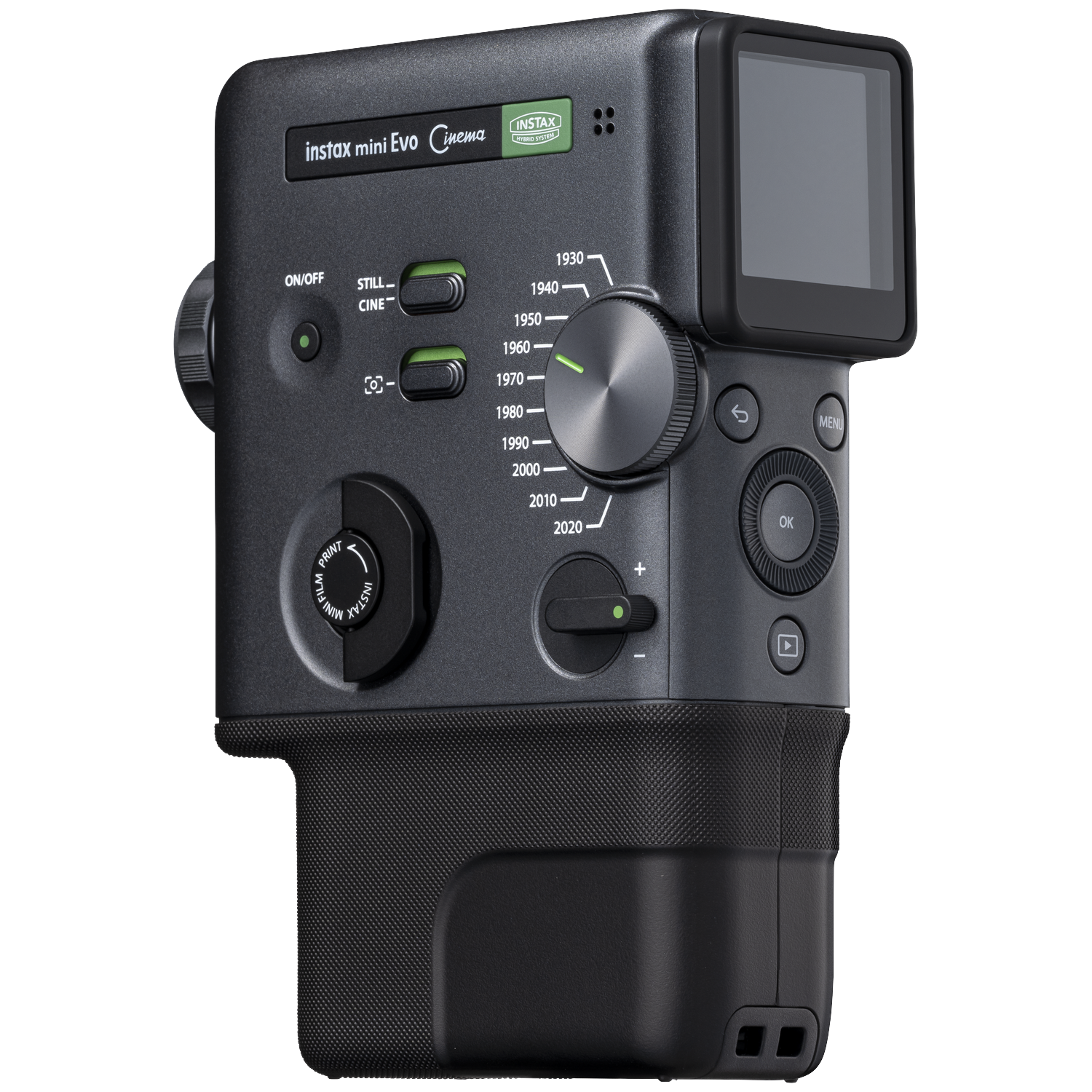 Donkergrijze Instax Mini Evo camera met scherm, draaiknop en knoppen, op witte achtergrond.