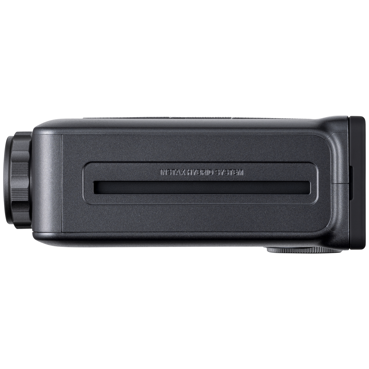 Donkergrijze instantcamera met tekst 'INSTAX HYBRID SYSTEM'.