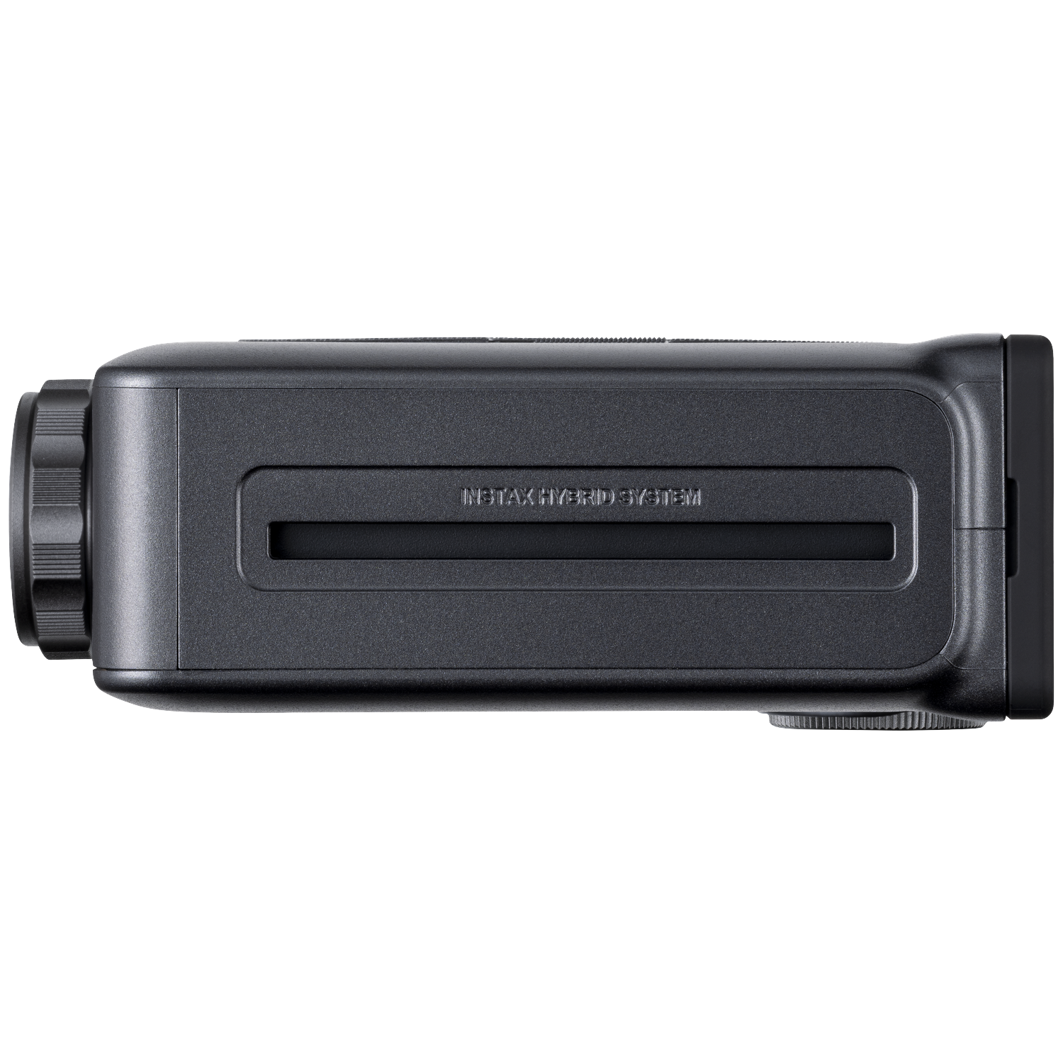 Donkergrijze camera met geribbeld wiel links en geribbelde knop rechts.