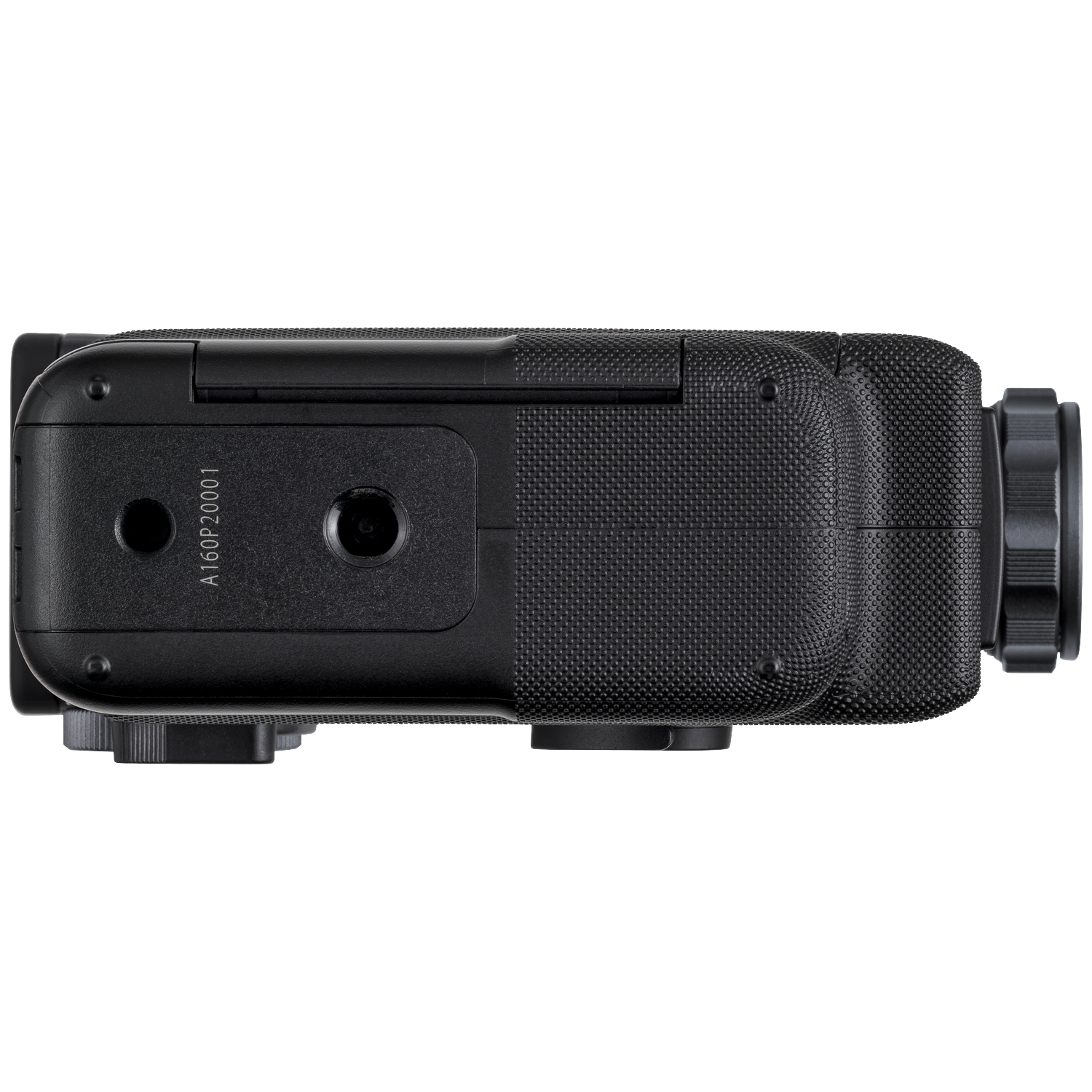 Een zwarte camera met de tekst A160P200001 op de zijkant.