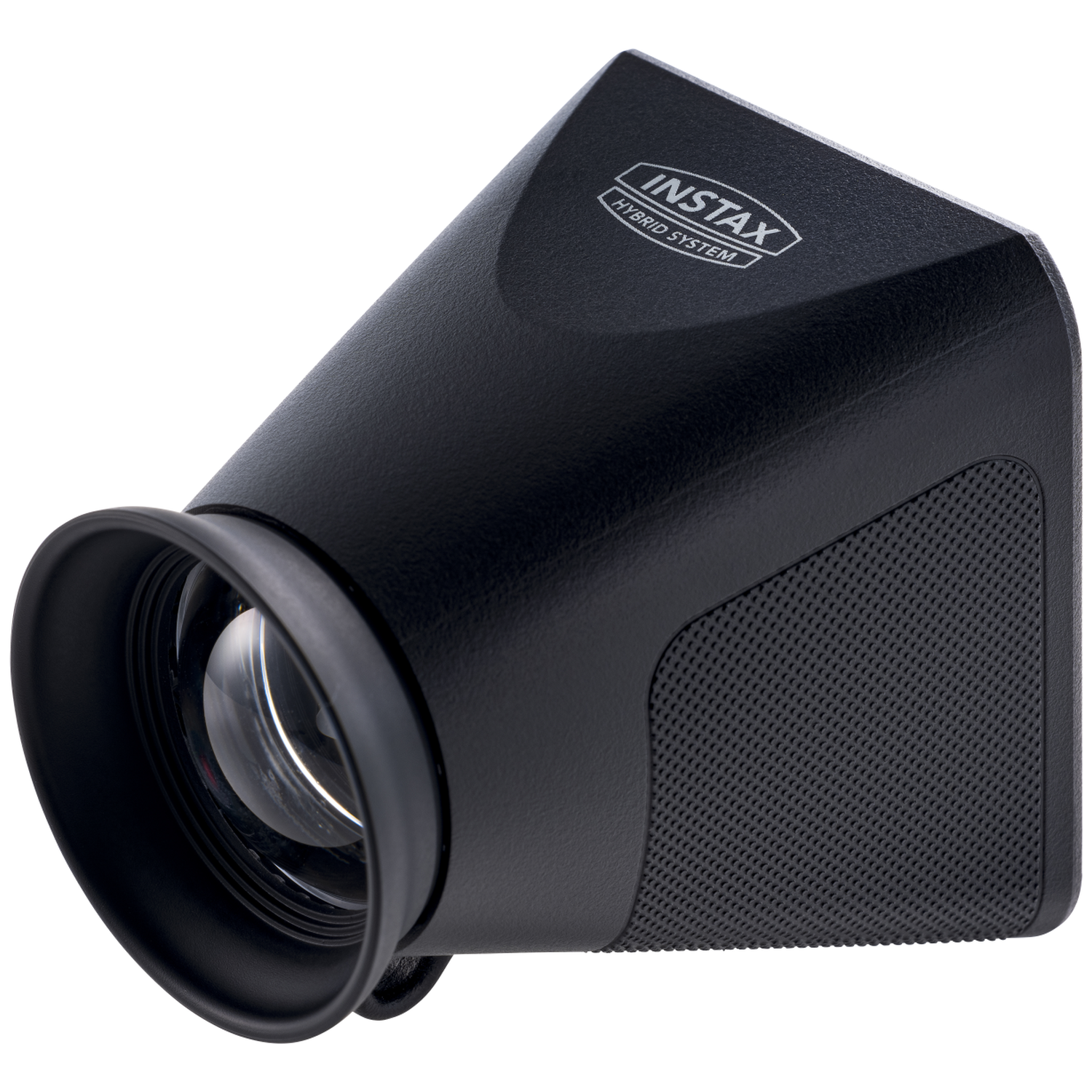 Zwarte Instax Hybrid System zoeker met lens en getextureerde grip.