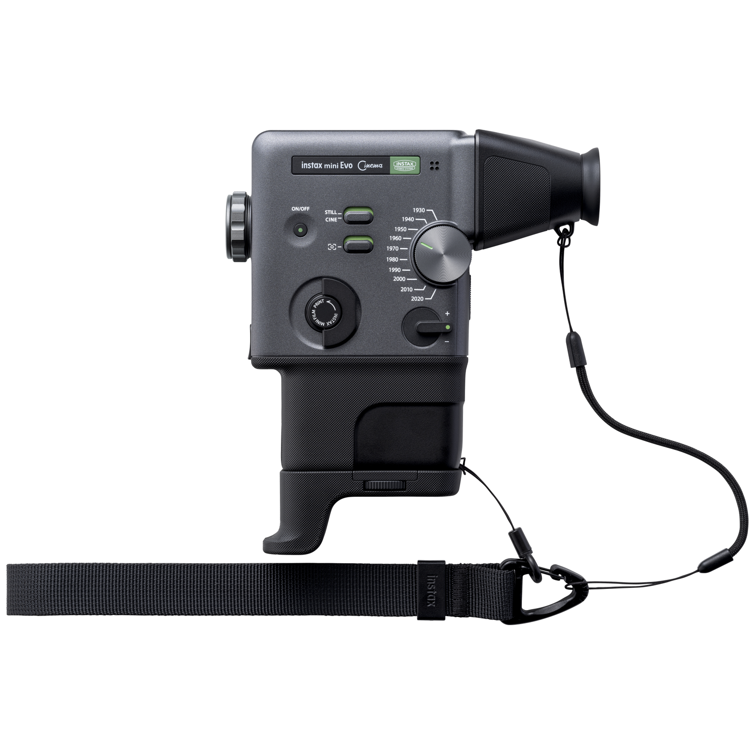 Grijze Instax Mini Evo camera met handvat en polsband.