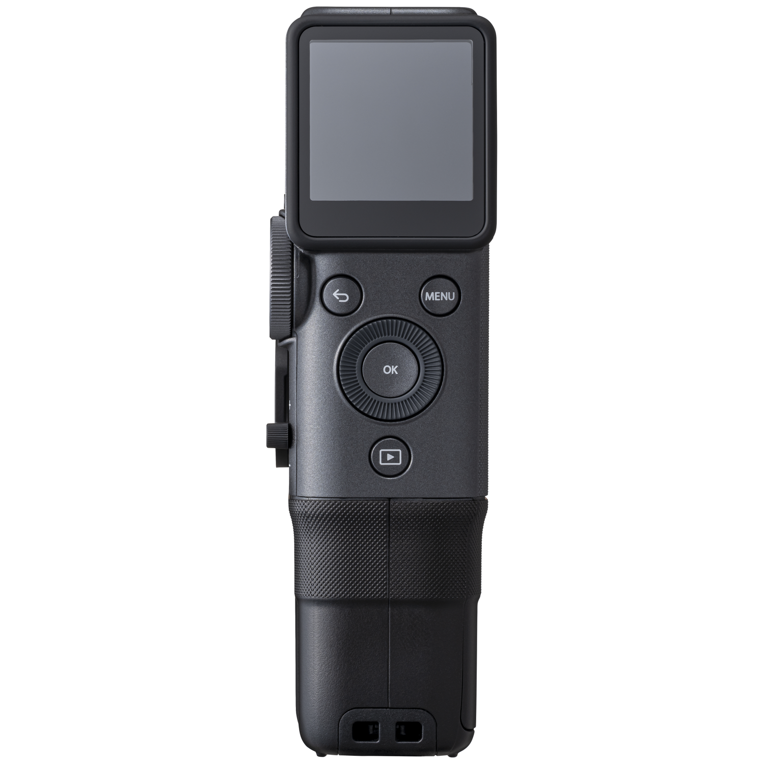 Een zwarte gimbal grip met scherm, knoppen en getextureerde grip.
