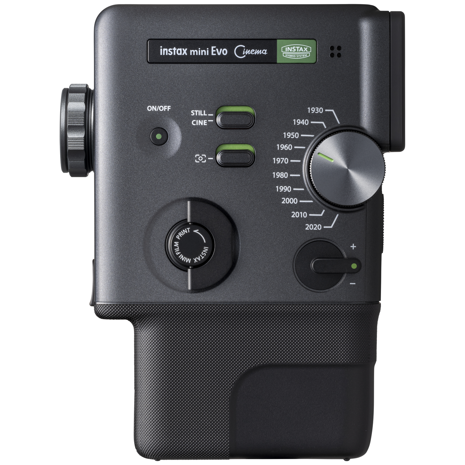 Donkergrijze Instax Mini Evo camera met draaiknop en jaarkiezer.