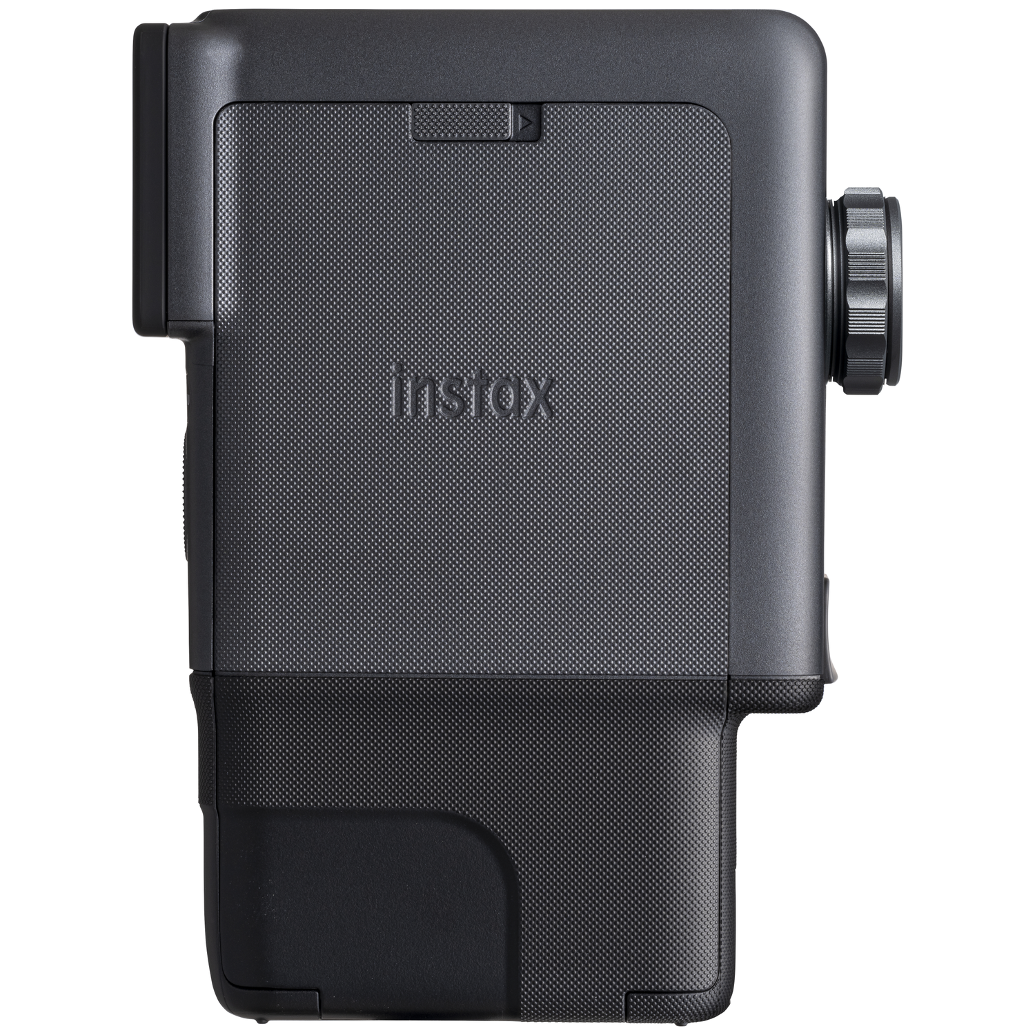 Donkergrijze camera met getextureerde grip en "Instax"-logo.