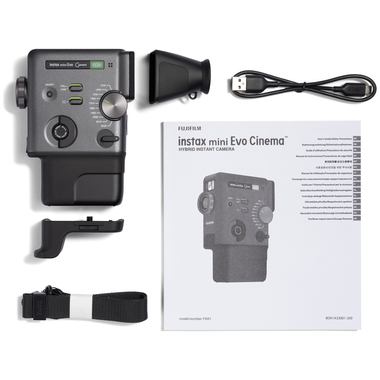 Fujifilm Instax Mini Evo camera, grip, USB-kabel, handleiding.