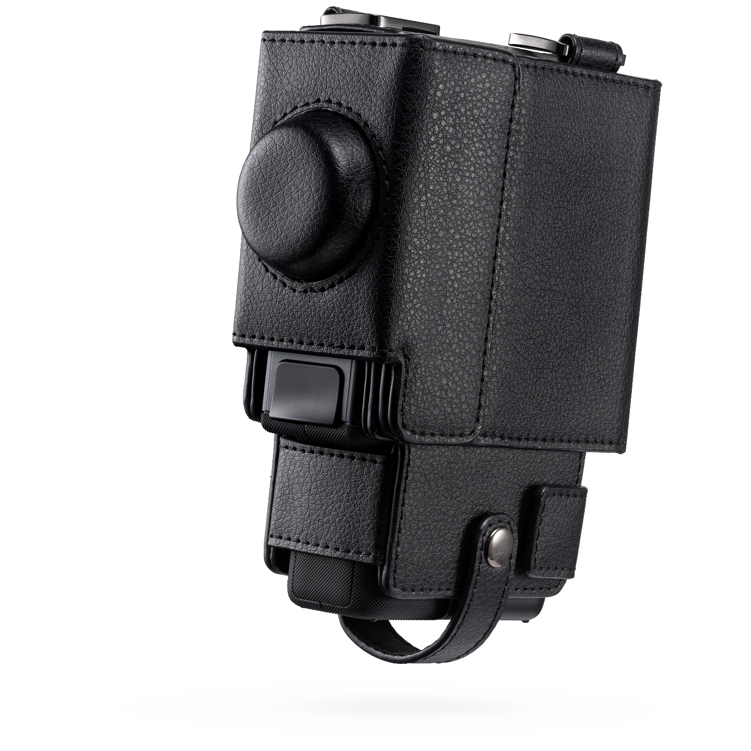 A black leather camera case shown from the front bottom, with a circular lens opening.