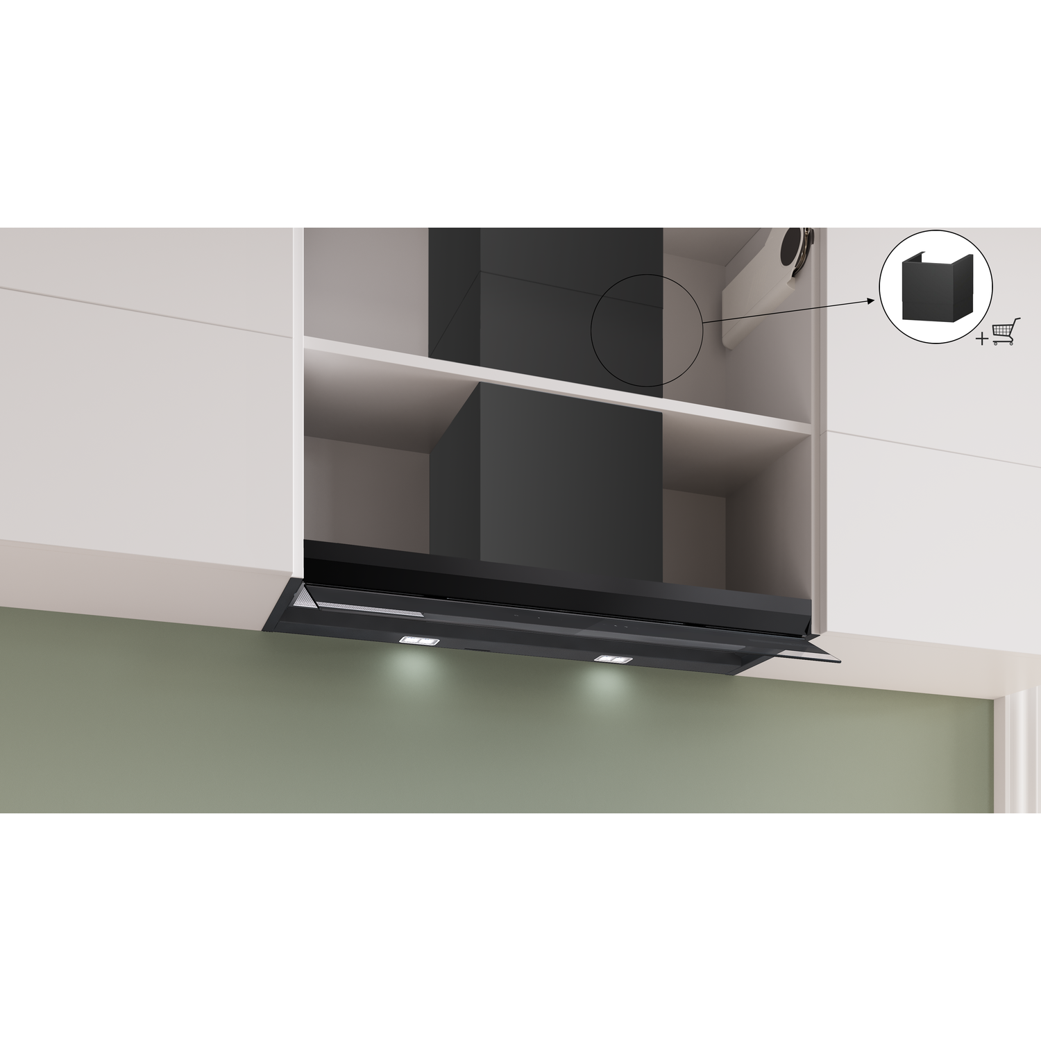 Black range hood with lights under white cabinets, above a light green wall.