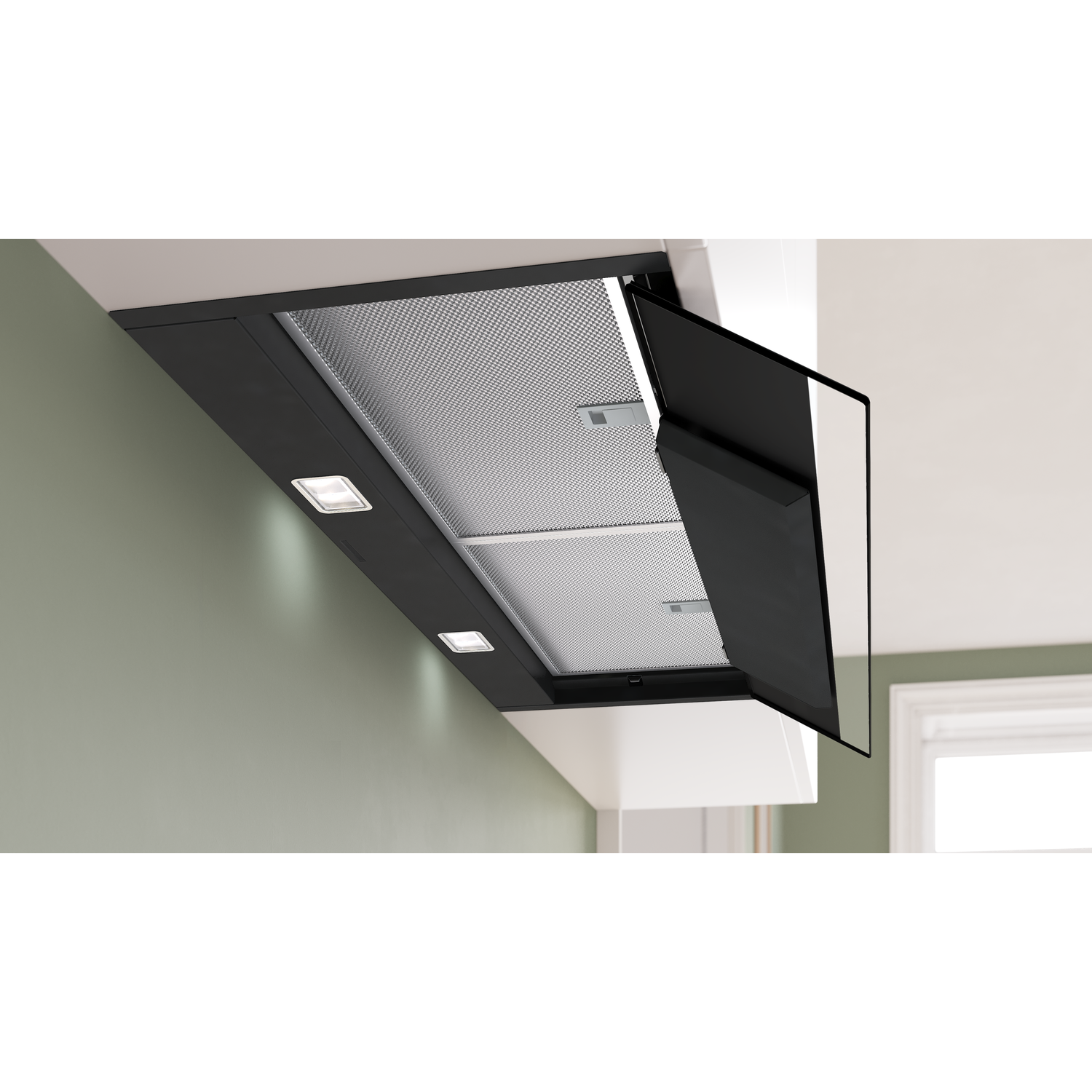 Black cooker hood with metal filter and lights, one flap is open.