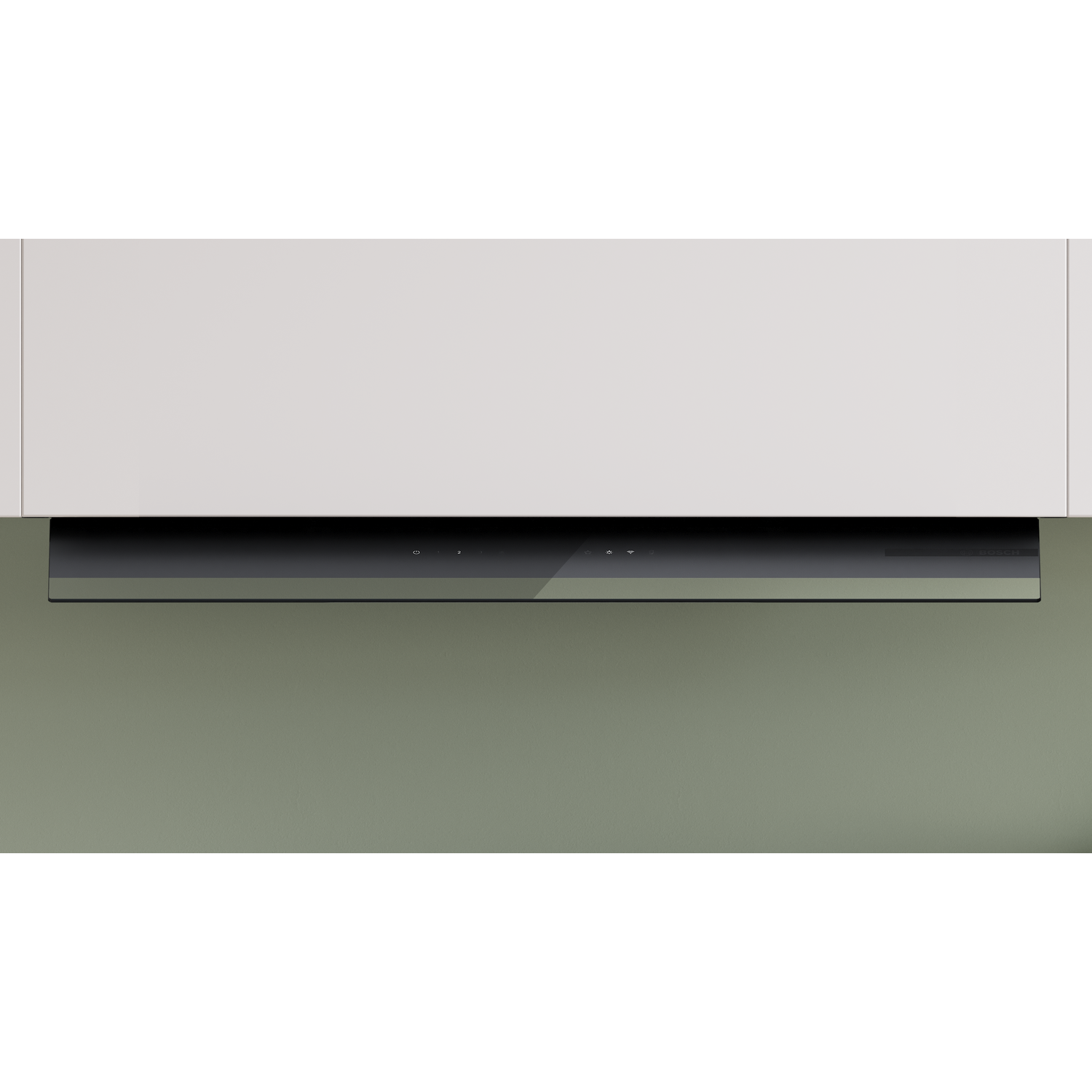 A dark metal range hood mounted below a light-colored kitchen cabinet.