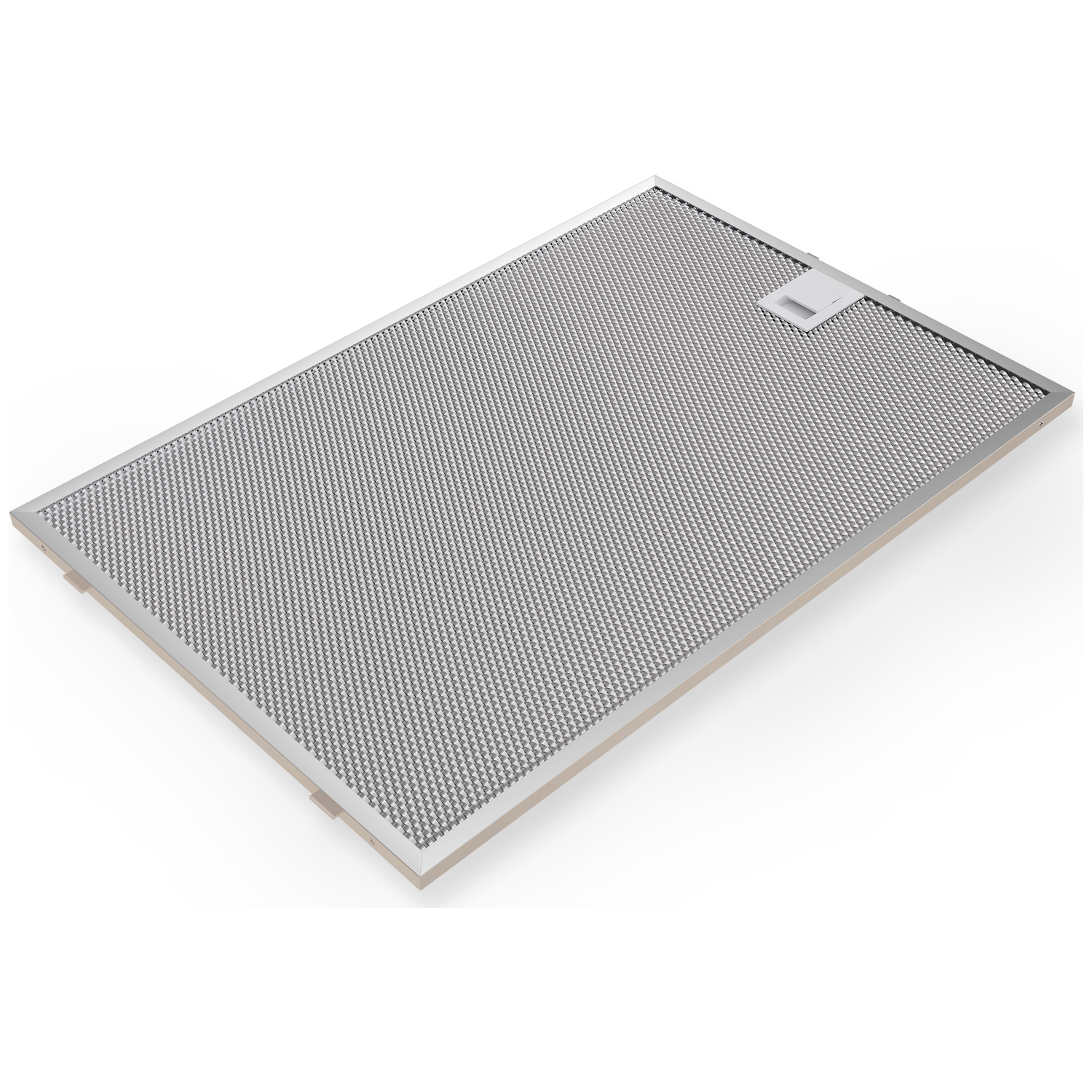 A silver range hood filter with a fine mesh pattern and a white handle.