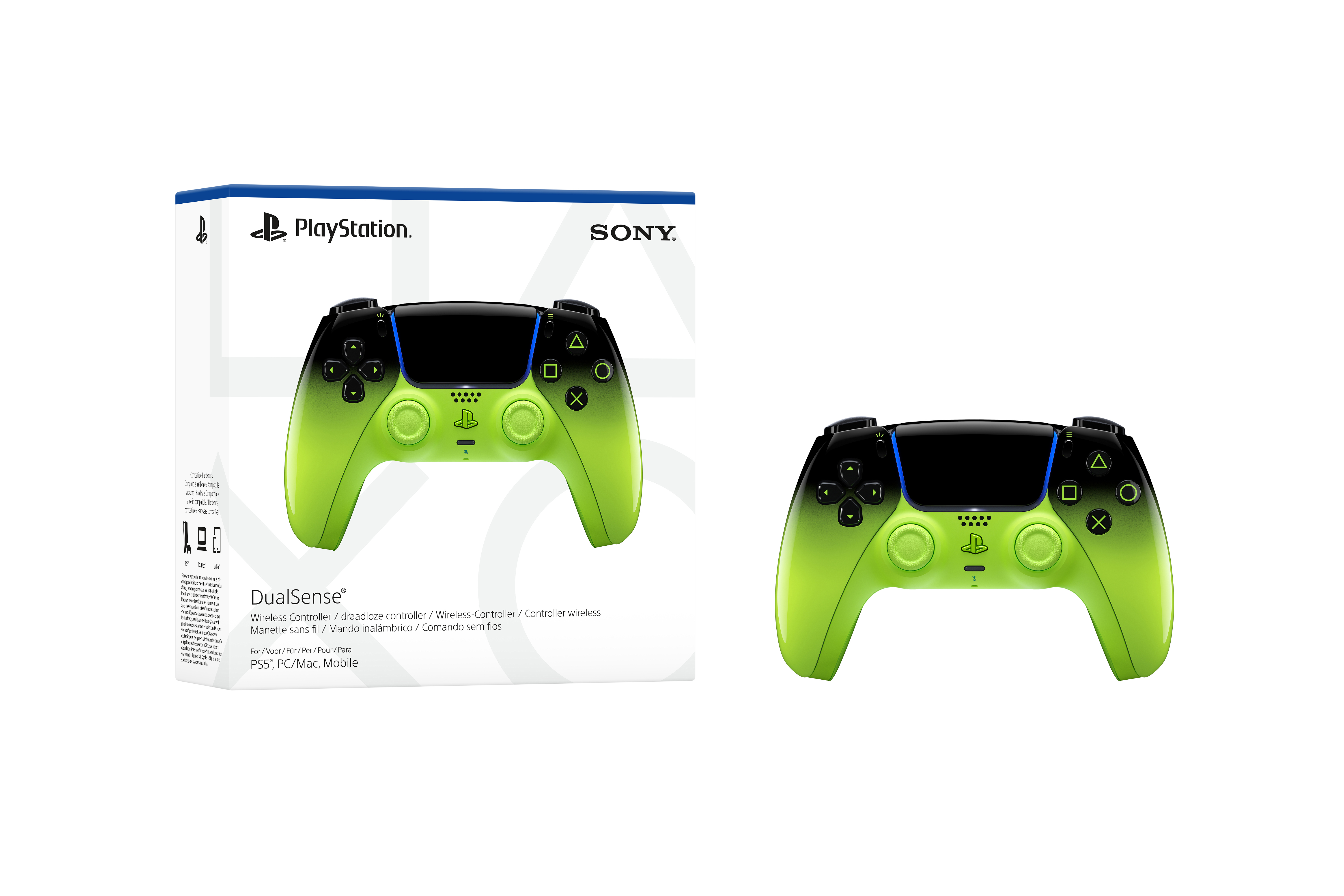 Ein PlayStation DualSense Controller in Schwarz und leuchtendem Grün.