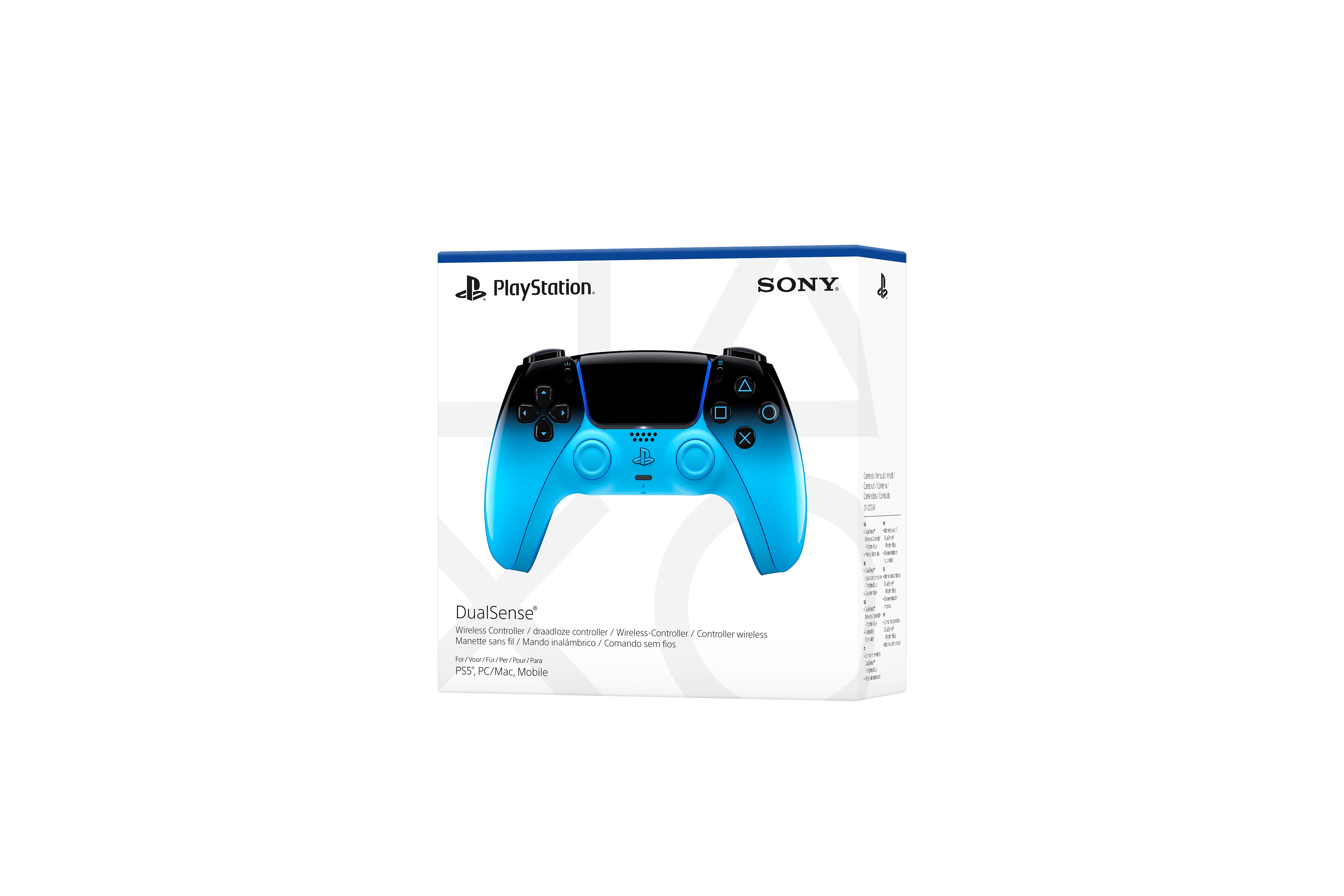 Sony PlayStation DualSense Controller in Blau auf weißem Karton mit Text.