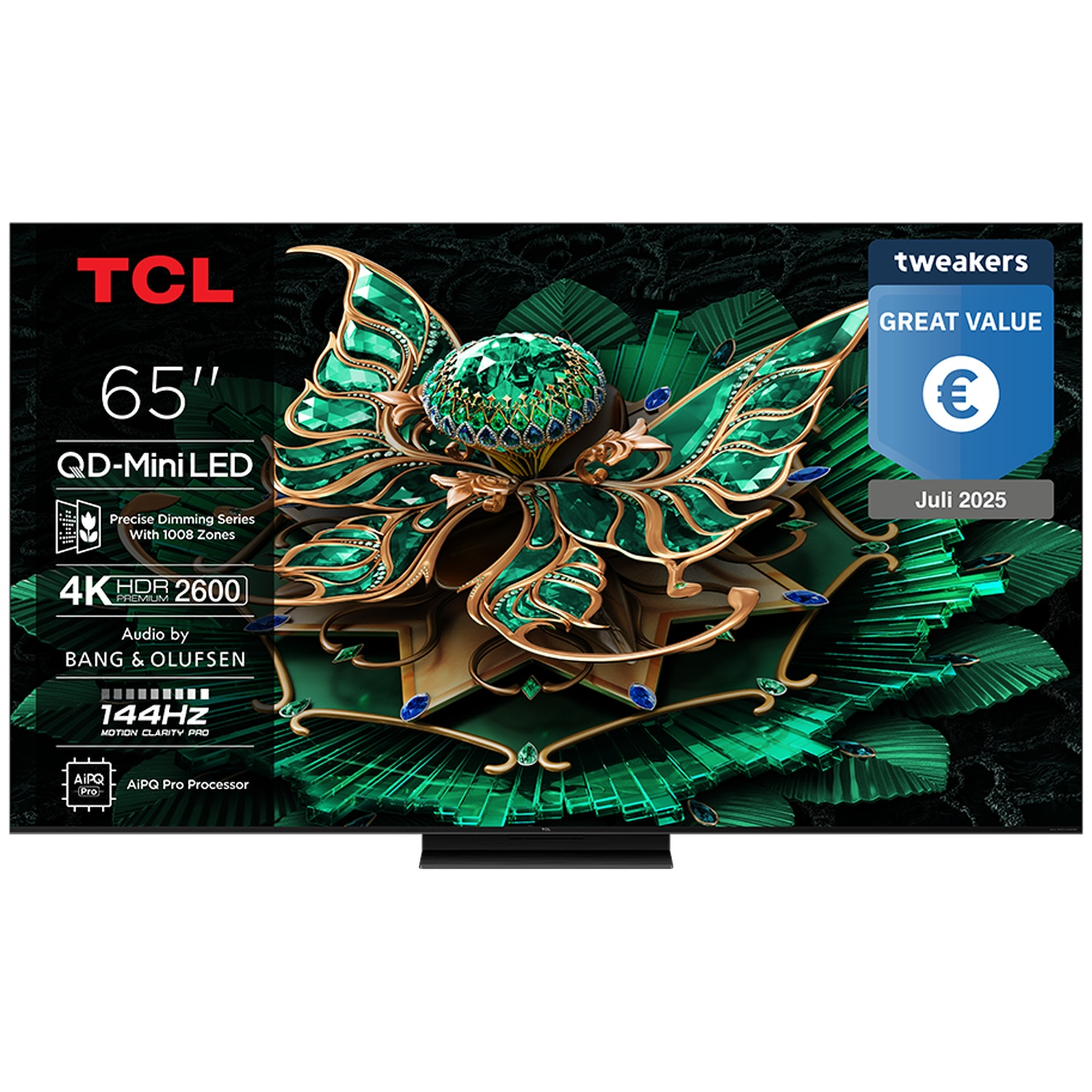A 65-inch TCL QD-Mini LED TV featuring a green butterfly motif and a "Great Value" badge.