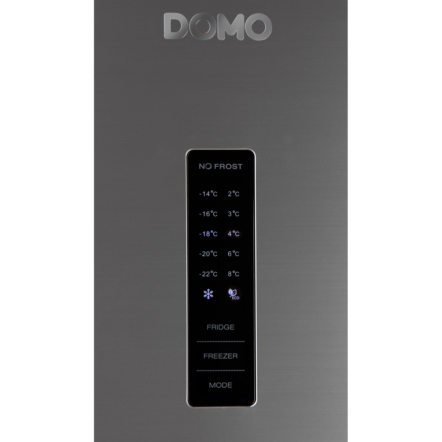 Panneau de commande de réfrigérateur DOMO indiquant les températures et les modes FRIDGE, FREEZER, ECO.