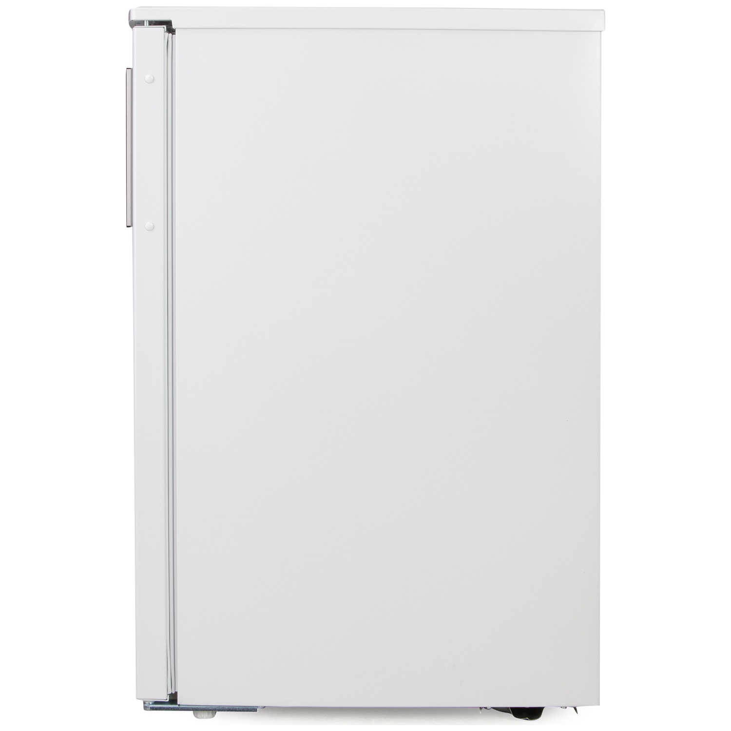 Une porte de réfrigérateur blanche avec une poignée argentée, sur fond blanc.