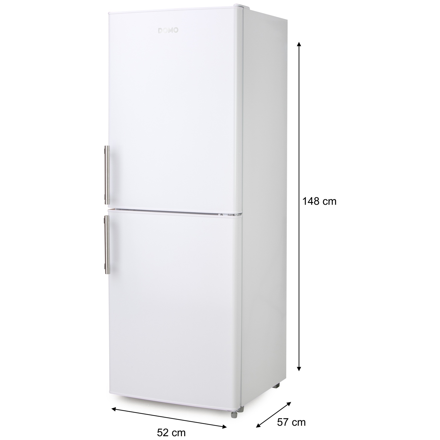 Un réfrigérateur blanc avec compartiment congélateur, 148cm haut, 52cm large, 57cm profond.