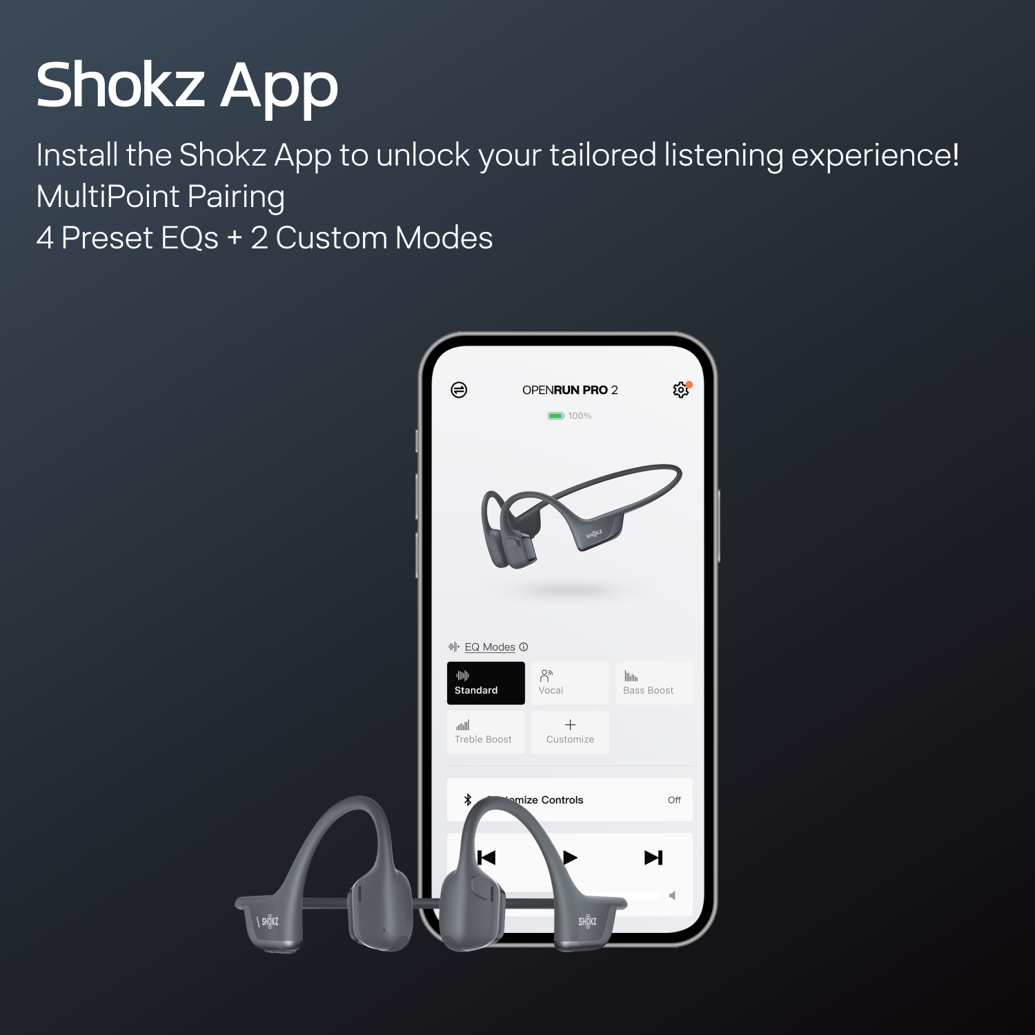 Shokz App fejhallgatóval és telefonképernyővel, EQ módokkal.