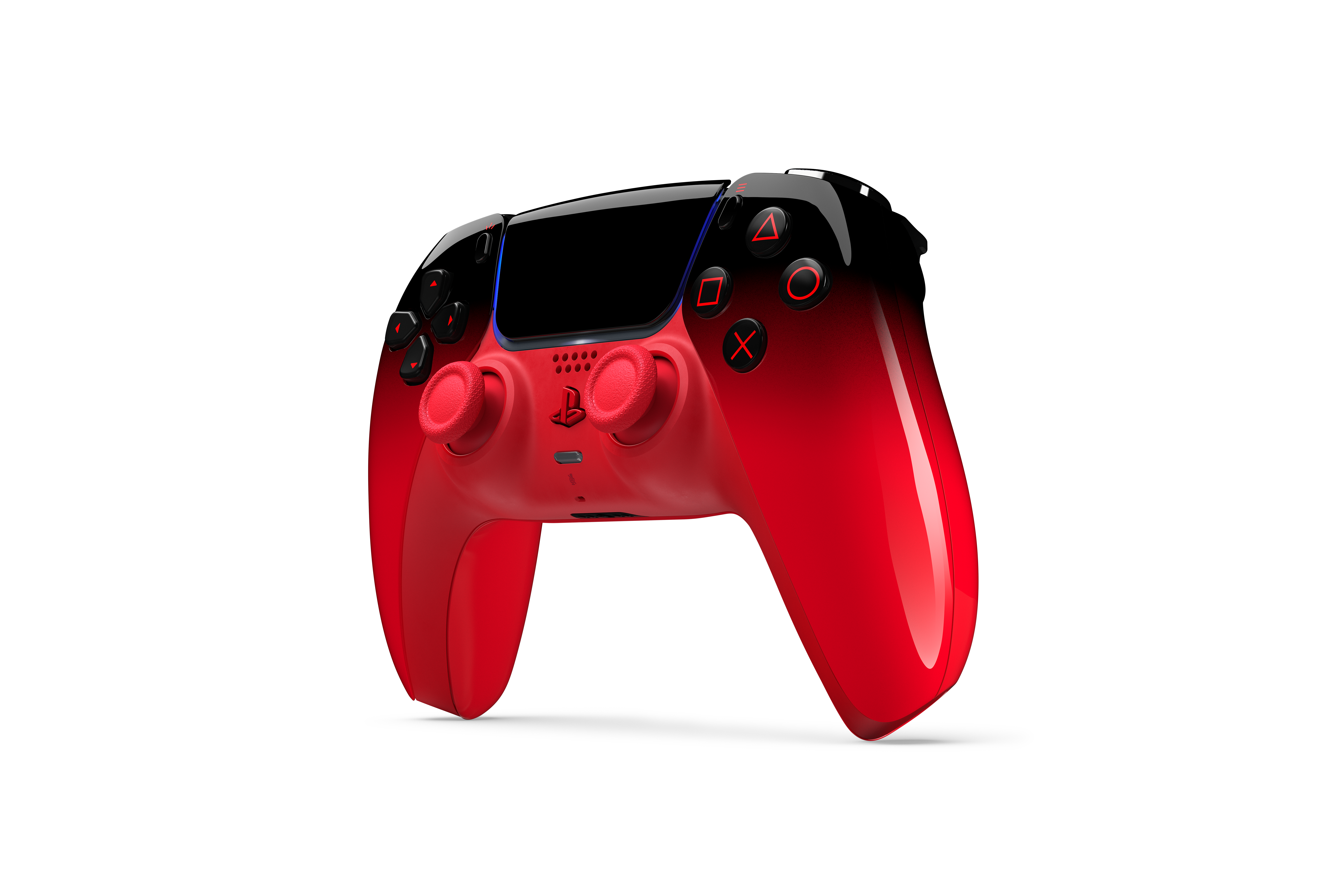 Rote und schwarze Spielkonsole mit blauem Lichtrand, auf weißem Hintergrund.