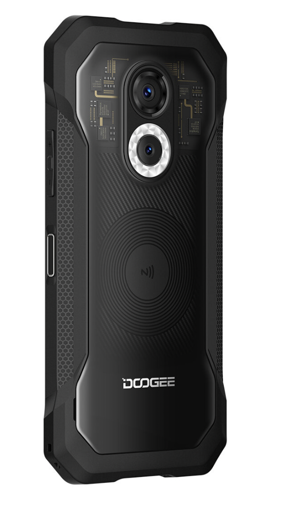 Tył czarnego smartfona z dwoma aparatami, lampą błyskową i wskaźnikiem ładowania.