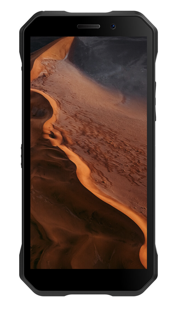 Czarny smartfon z tapetą pustynnego krajobrazu.