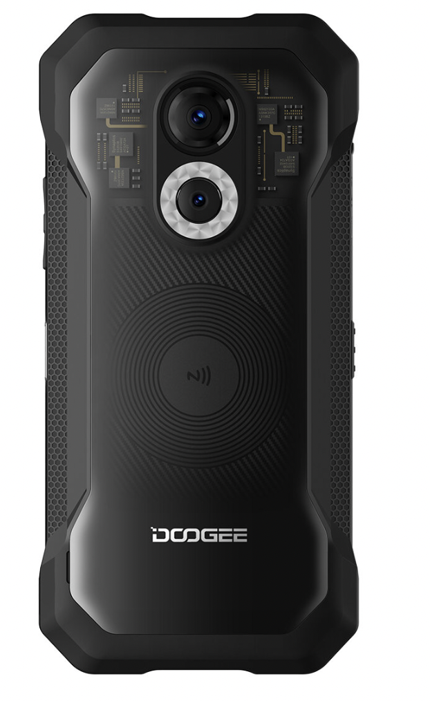 Tył czarnego smartfona z widocznymi komponentami wewnętrznymi i symbolem NFC.