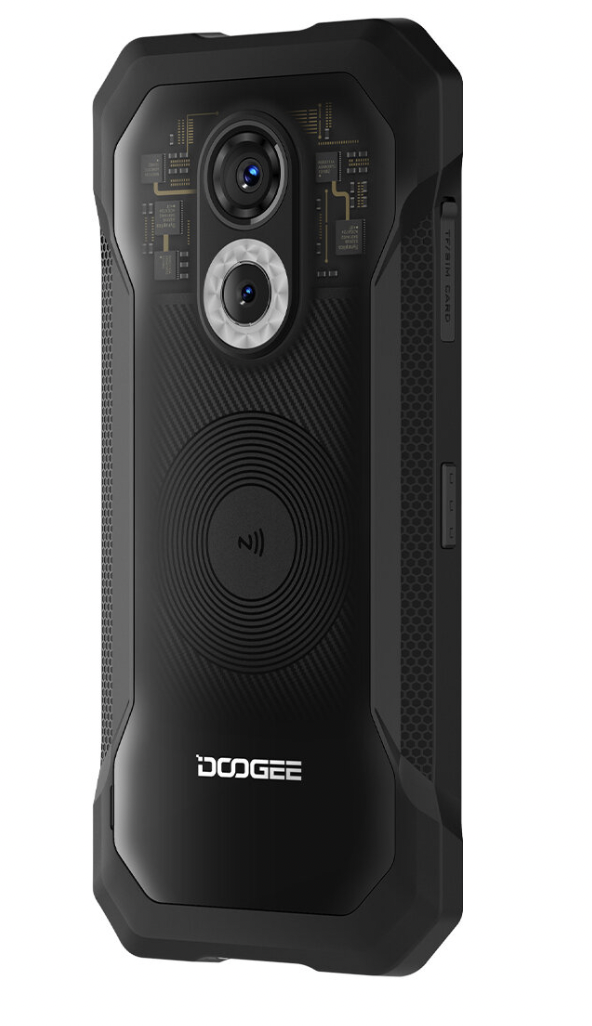Tył czarnego wytrzymałego smartfona z dwoma aparatami, lampą błyskową i logo DOOGEE.