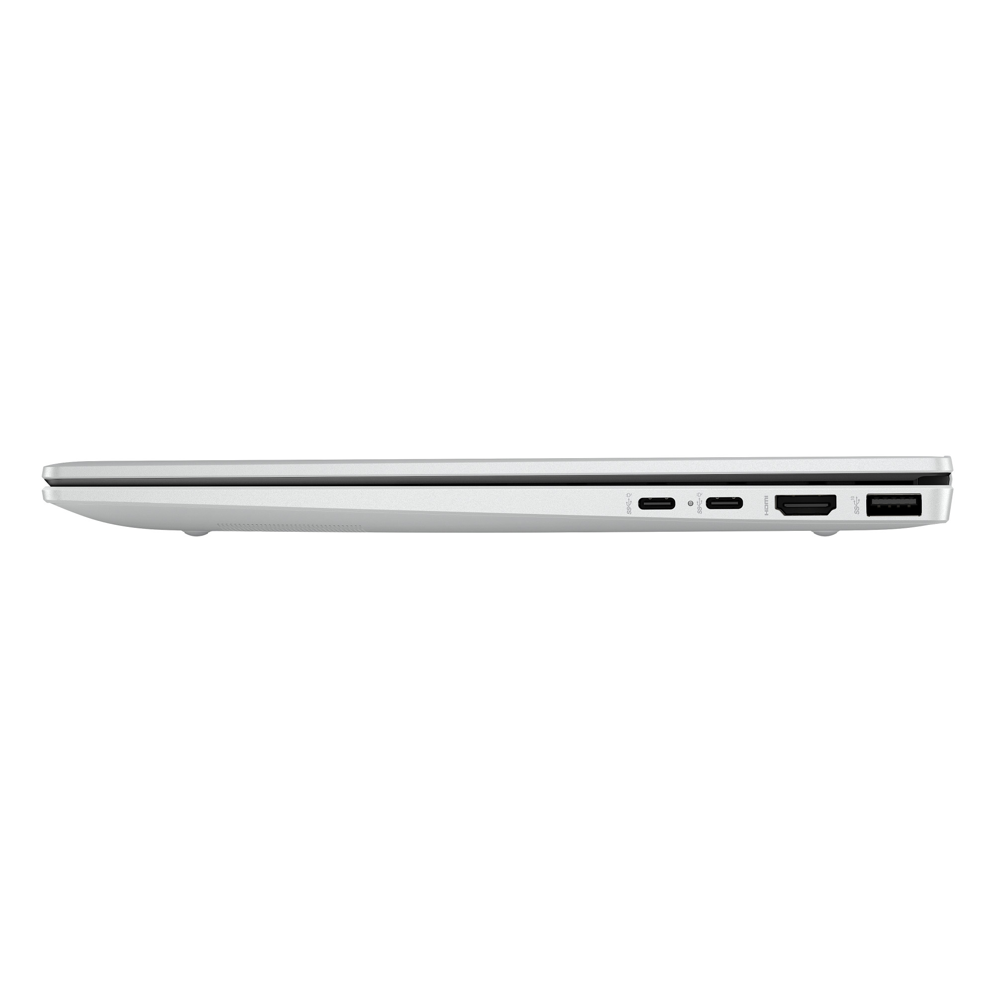 Profil de portable argenté montrant les ports USB-C, HDMI et USB-A.