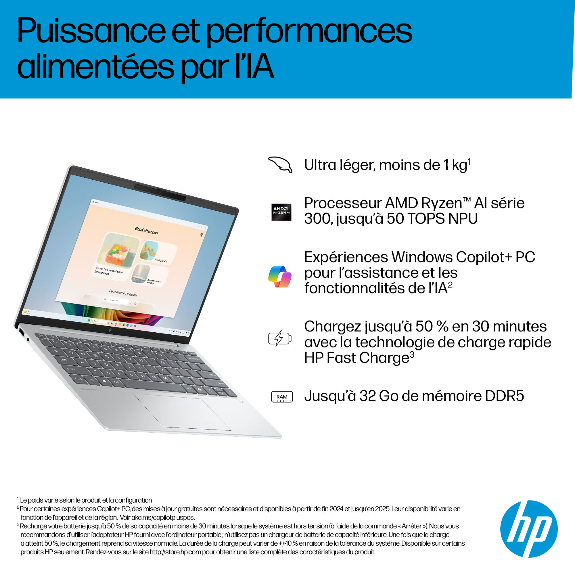 Un ordinateur portable HP léger avec processeur AMD Ryzen IA, Windows Copilot+ et charge rapide.