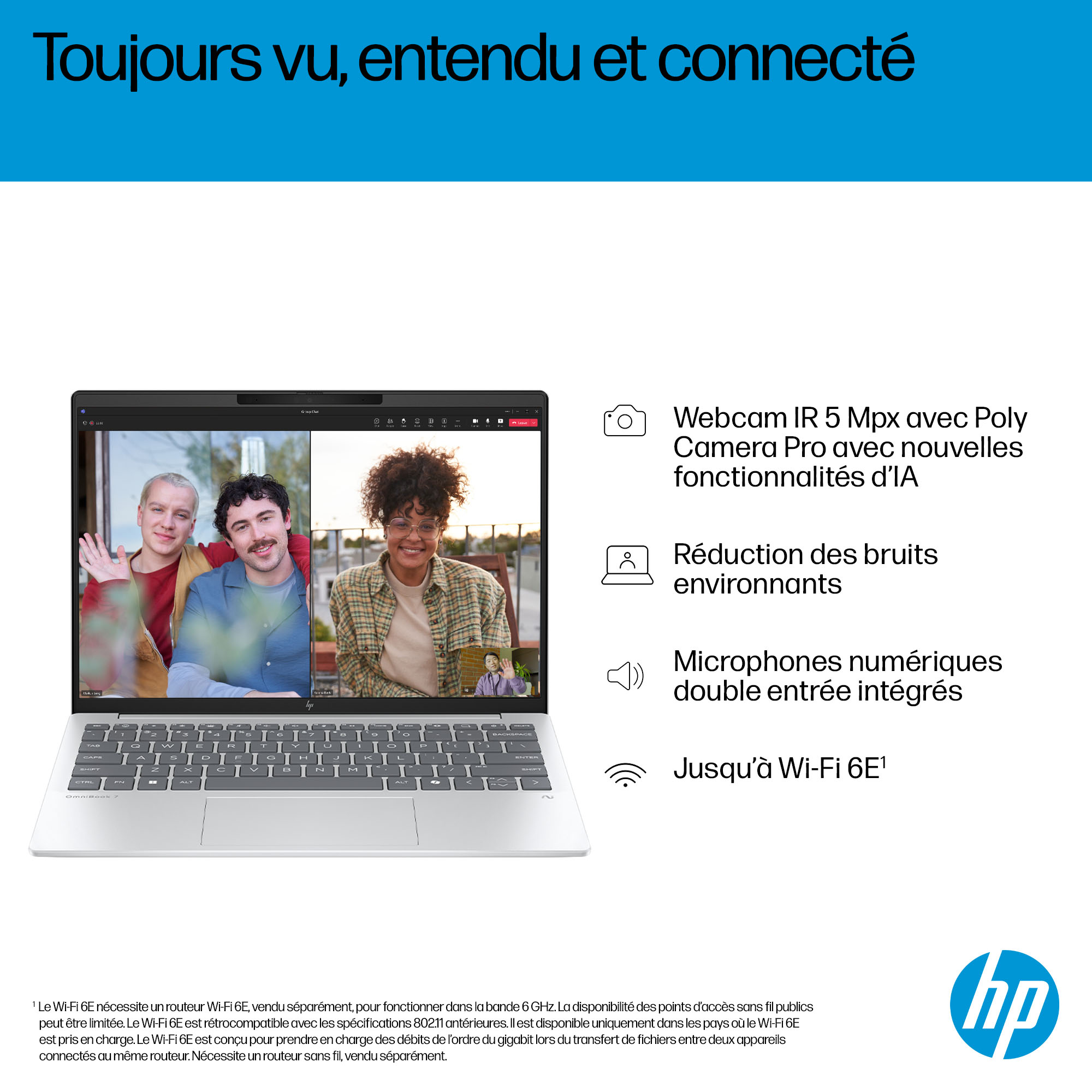Ordinateur portable affichant un appel vidéo de groupe avec webcam, réduction du bruit, micros et Wi-Fi 6E.
